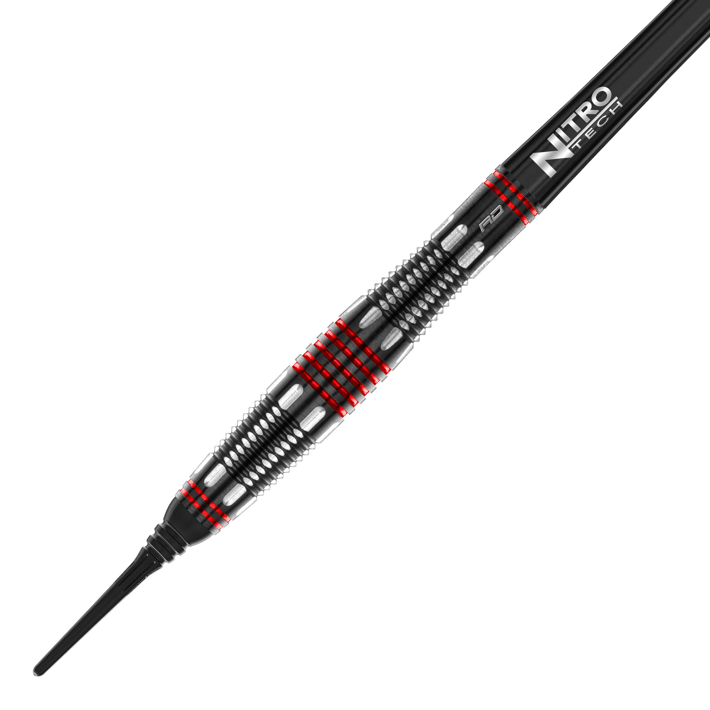 Red Dragon Marlin Venom Soft Darts - 22g Das Bild zeigt den Red Dragon Marlin Venom Softdart mit einem Gewicht von 22 Gramm. Der Dart hat ein schwarzes und silbernes Design mit auffälligen roten Ringen und einer „Nitro Tech“-Beschriftung.