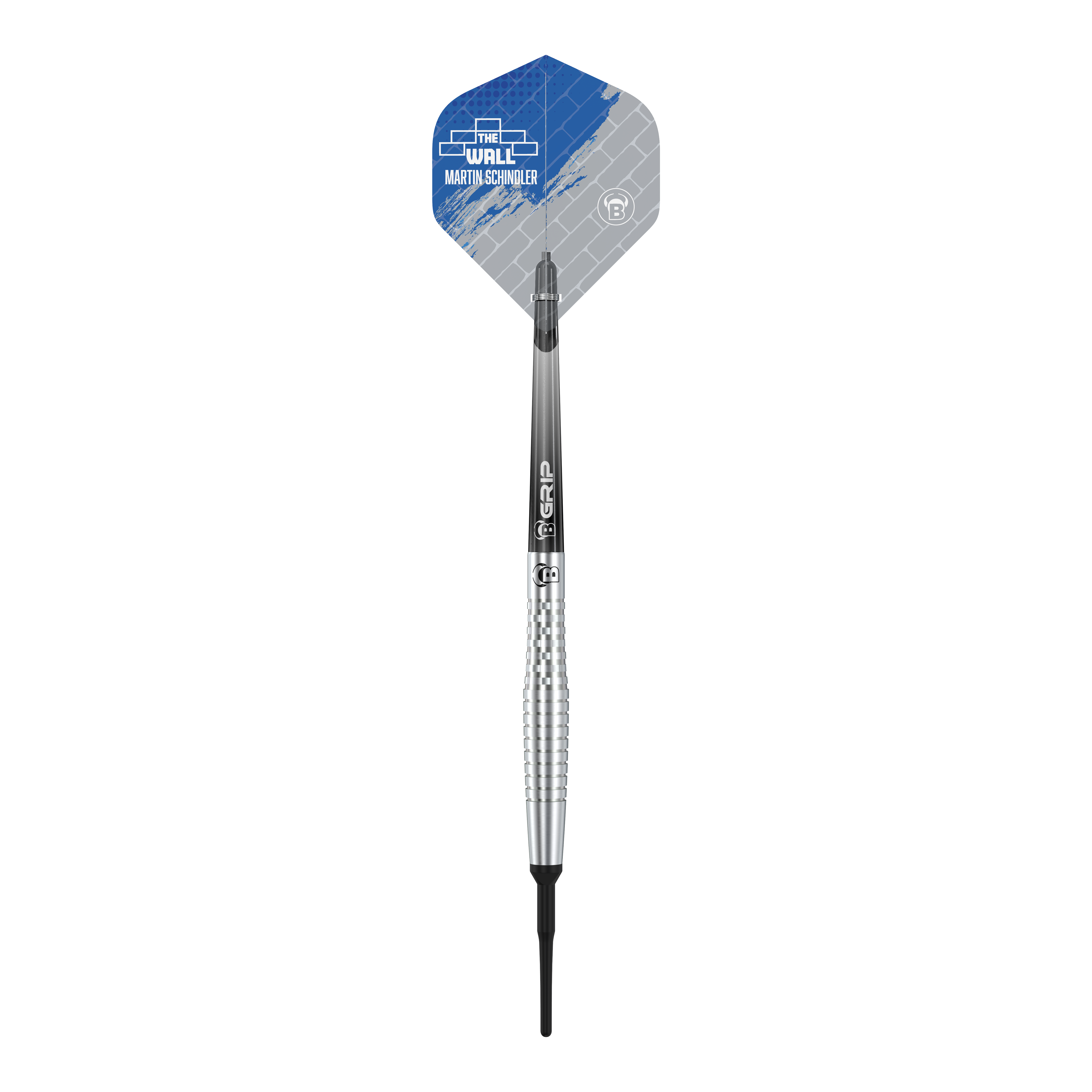 Bulls Martin Schindler Original Generation 2 soft darts Das Bild zeigt einen Bulls Martin Schindler Original Generation 2 Softdart. Der Dartpfeil hat ein silbernes, geriffeltes Barrel und ein Flight mit blau-grauem Design.