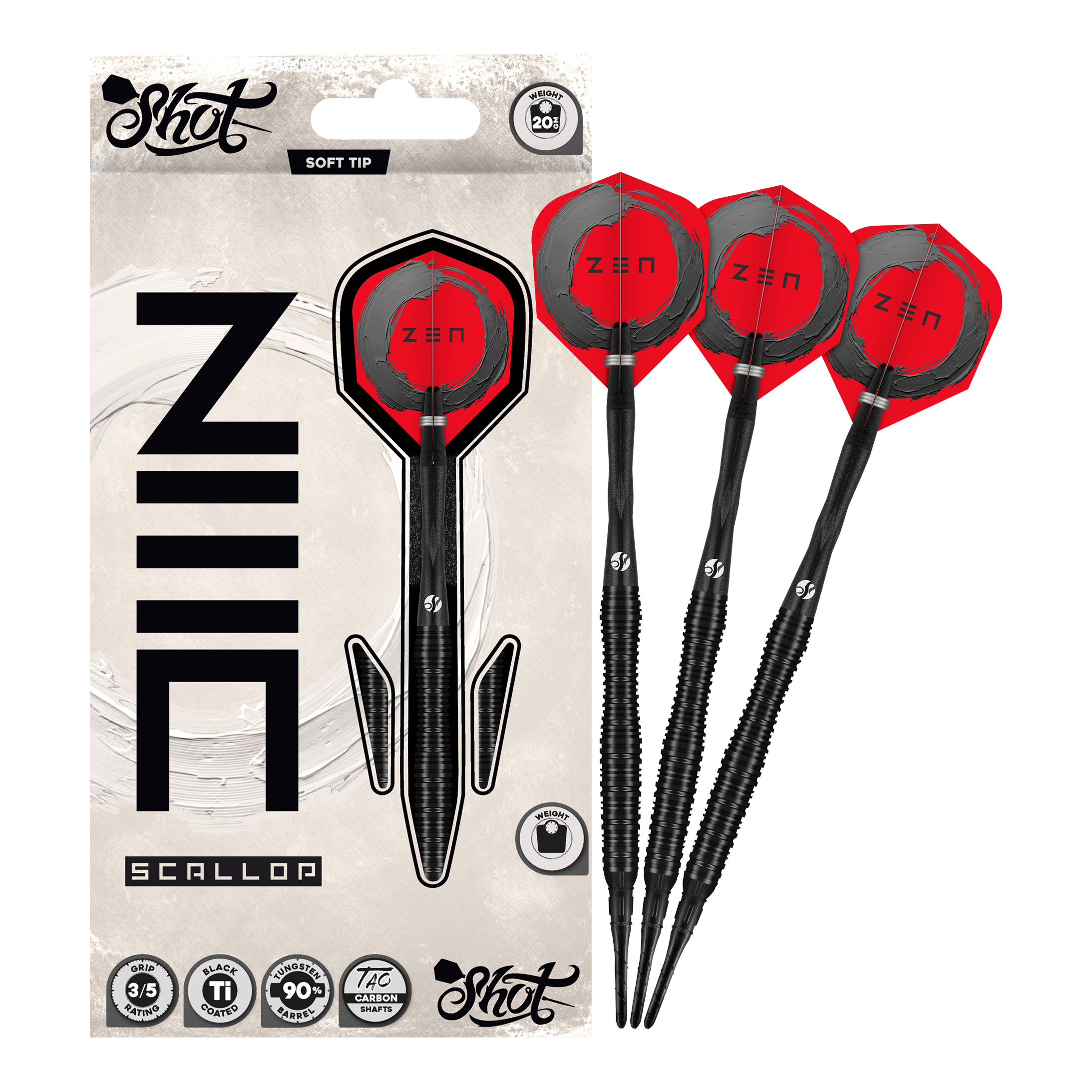 Shot ZEN Scallop Soft Darts - 20g Das Bild präsentiert die Shot ZEN Scallop Softdarts - 20g in voller Ansicht. Diese Darts zeichnen sich durch ihre hochwertige Verarbeitung aus.