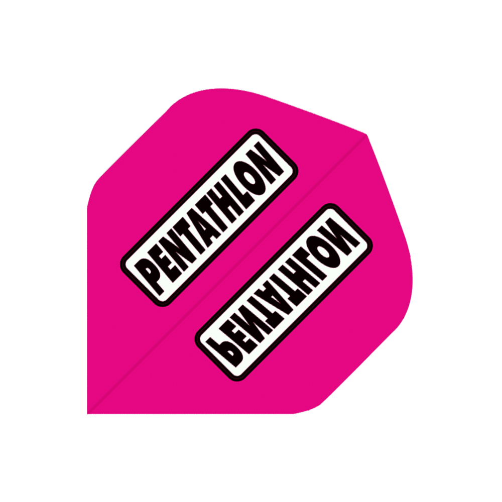 P83-Pentathlon-Flights-P83 Das Bild zeigt einen pinken Dartflug mit der Aufschrift "Pentathlon". Es handelt sich um das Produkt "Pentathlon Flights P83".