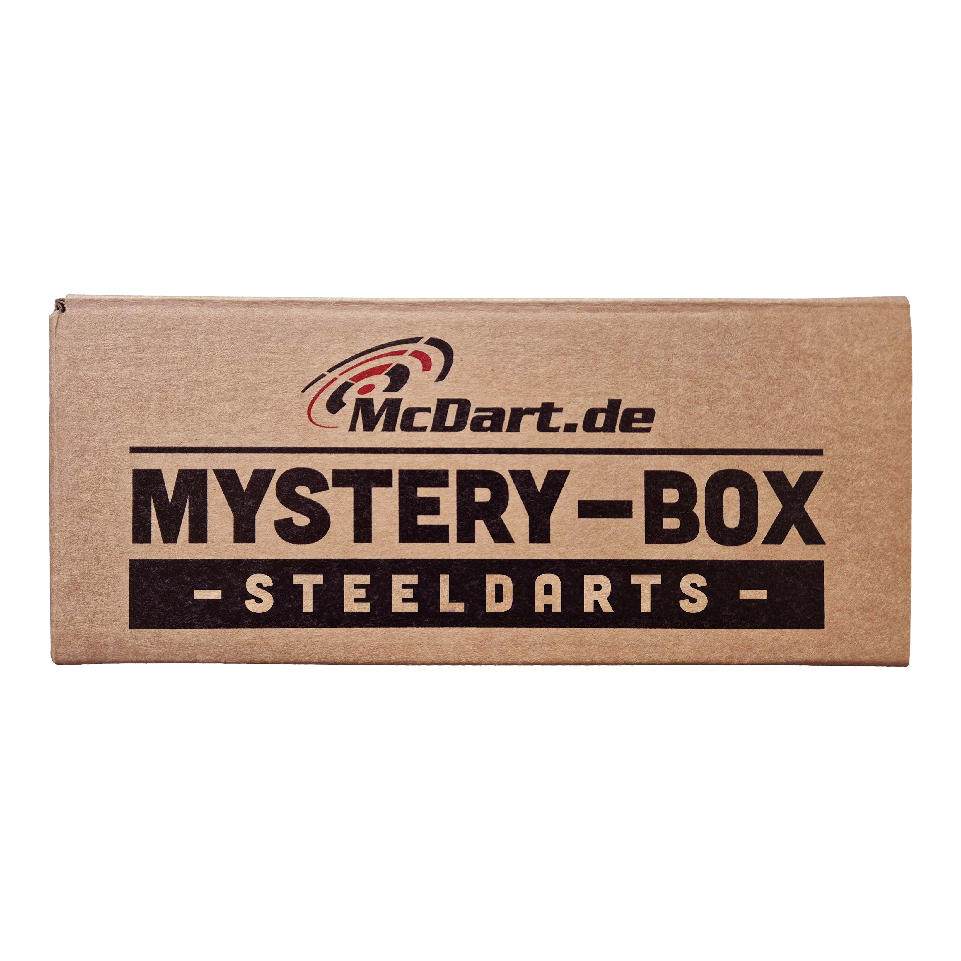 Die Abbildung zeigt eine braune Box mit der Aufschrift „McDart Mystery-Box - Steeldarts“. Die Verpackung sieht einfach aus und ist speziell für Steeldarts-Fans gestaltet.