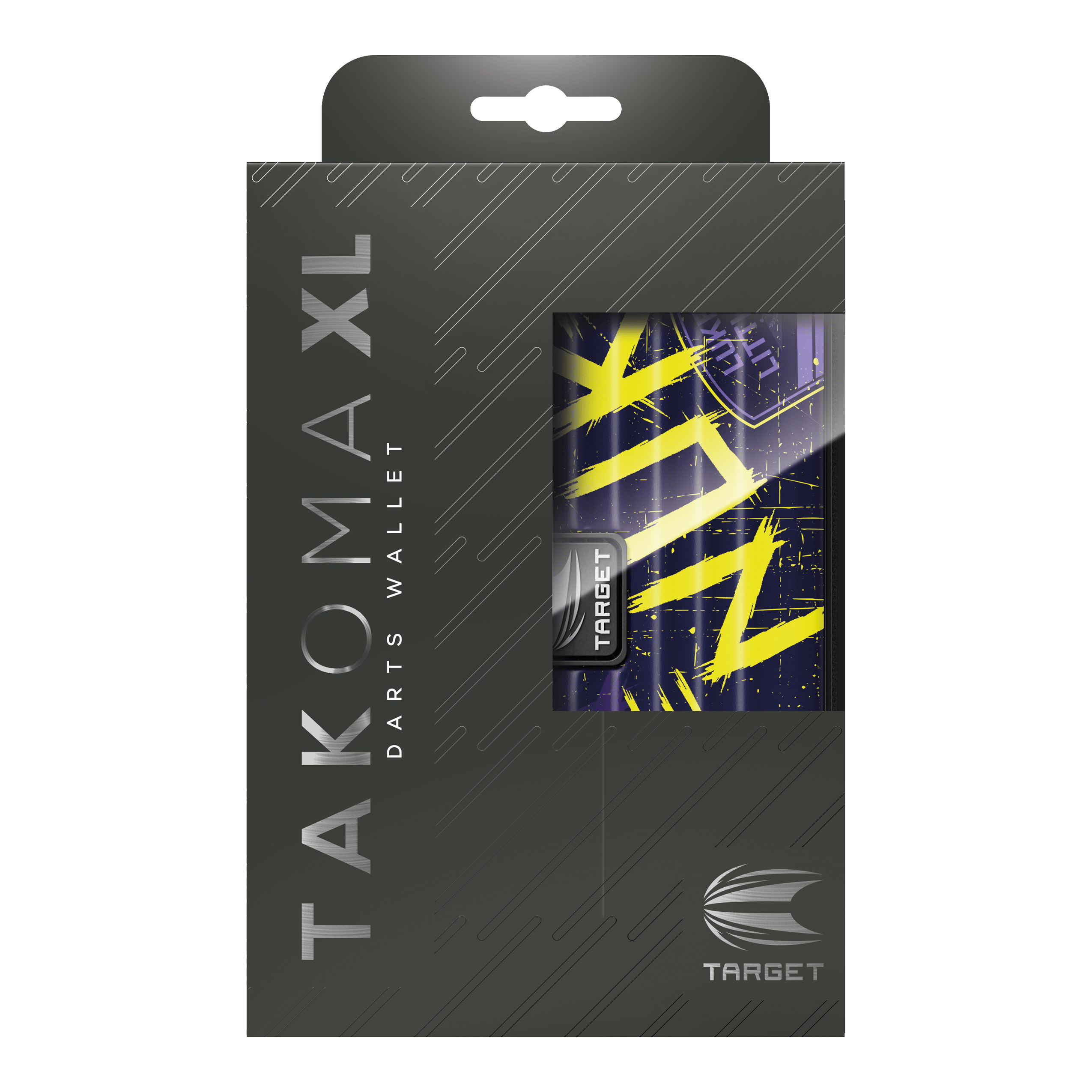 Target Takoma Luke Littler XL dart case Das Bild zeigt die Verpackung des Target Takoma XL Dartcases, das speziell für Luke Littler designt wurde. Die Verpackung ist überwiegend schwarz mit gelben und violetten Akzenten auf dem Dartcase selbst.