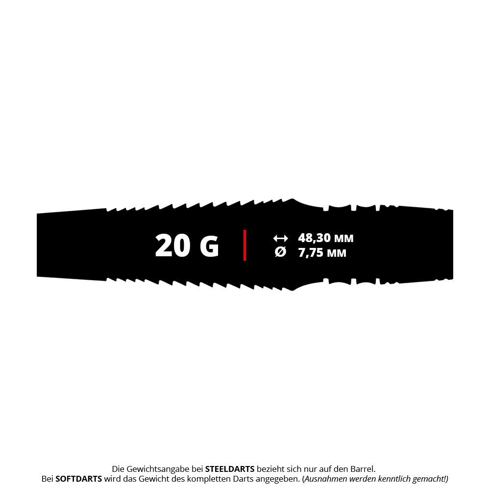 Winmau Sniper Black 2025 soft darts - 20g Das Bild zeigt einen schwarzen Dart-Barrel mit der Aufschrift "20 G" und den Maßen 48,30 mm Länge sowie 7,75 mm Durchmesser. Es handelt sich um das Produkt "Winmau Sniper Black 2025 Softdarts - 20g".