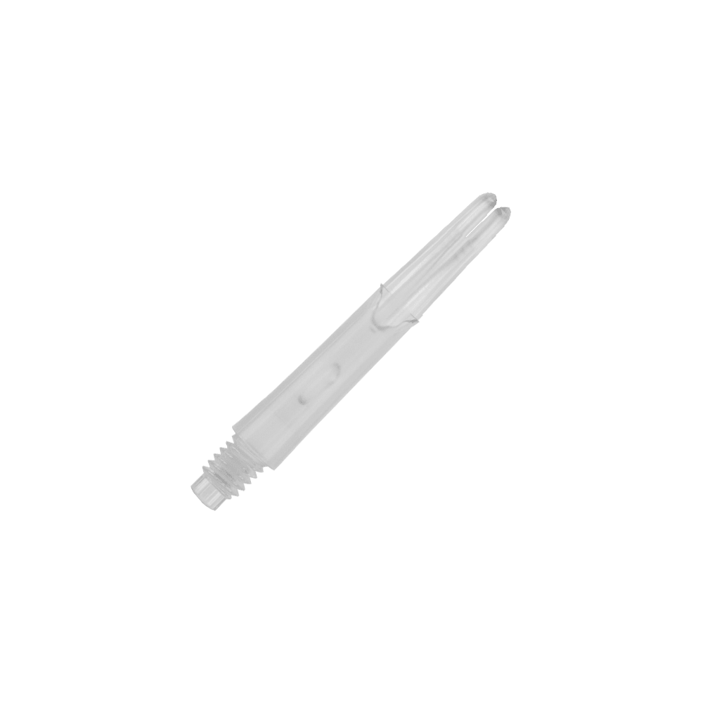 L-L-Style-Shafts Locked Straight - Clear Auf dem Bild ist ein transparenter, gerader Dart-Schaft zu sehen. Er hat ein Schraubgewinde an einem Ende und ist 32 mm lang.