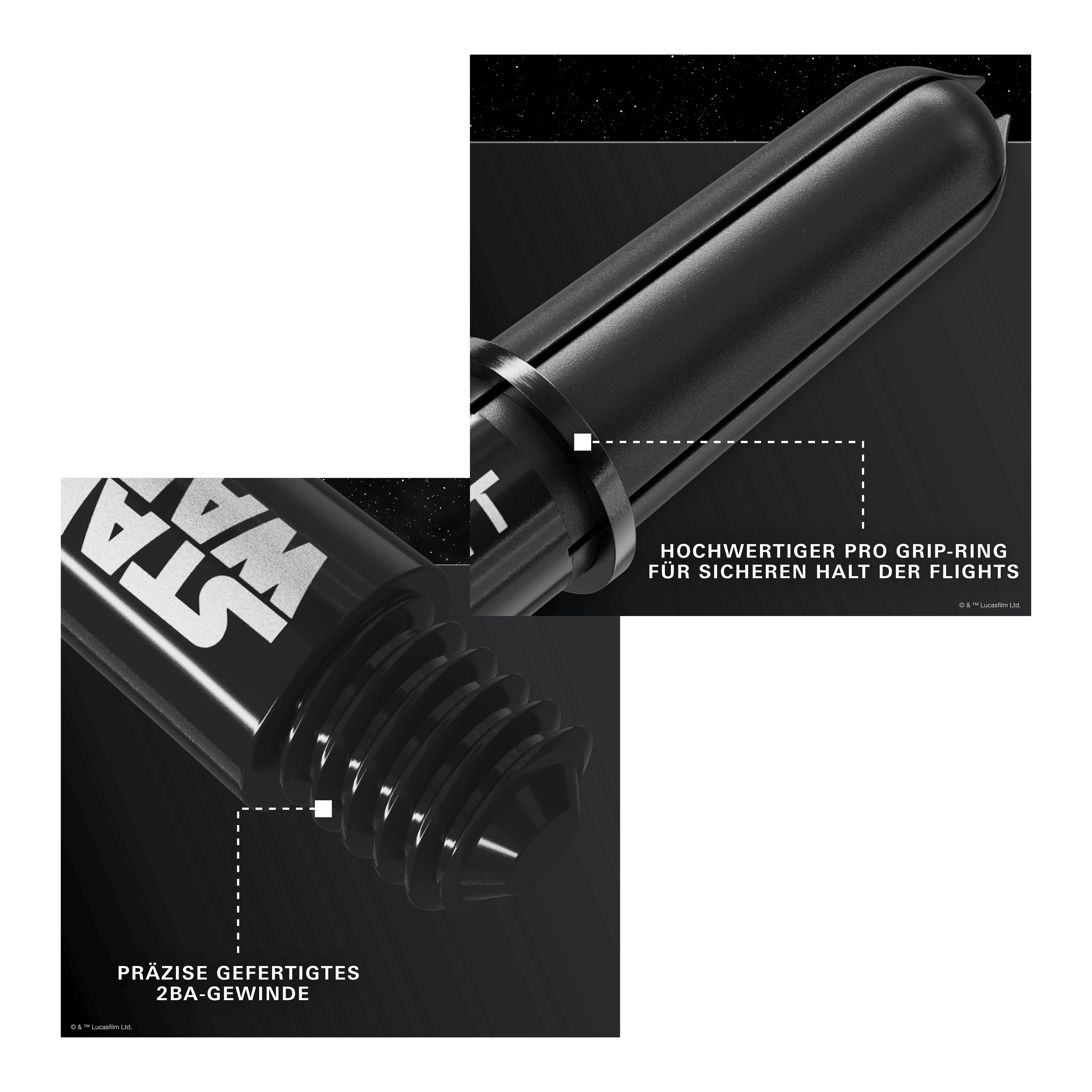 Target Star Wars ProGrip Shafts - Black Target Star Wars ProGrip Shafts in Schwarz sind auf dem Bild zu sehen. Diese Schäfte richten sich an Dart- und Star Wars Liebhaber.