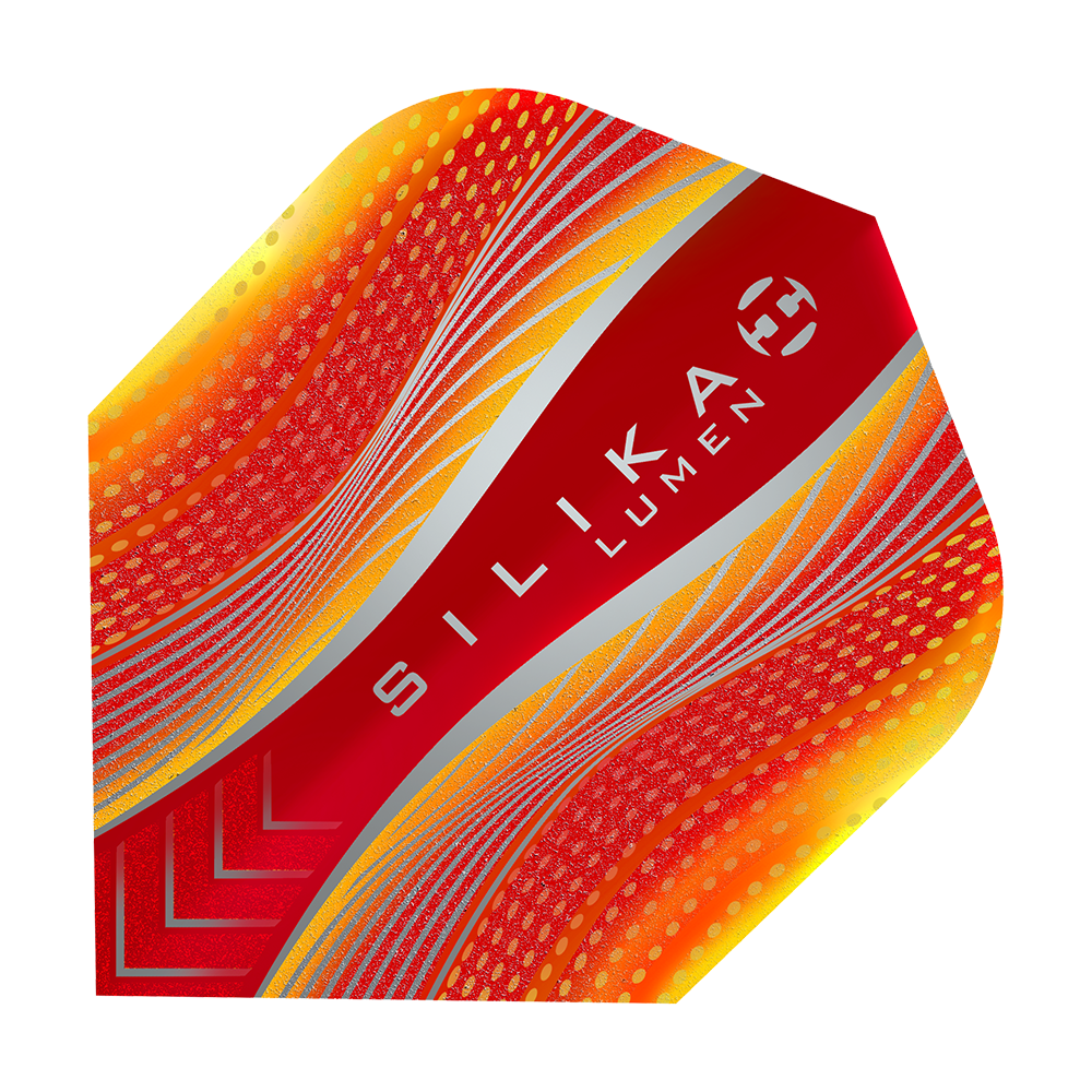 HF5128_Harrows_Silika_Lumen_Yellow_Red_No6_Flights_1 Dies ist ein Harrows Silika Lumen Flight in den Farben Gelb und Rot. Auf dem Flight steht der Schriftzug "SILIKA LUMEN".