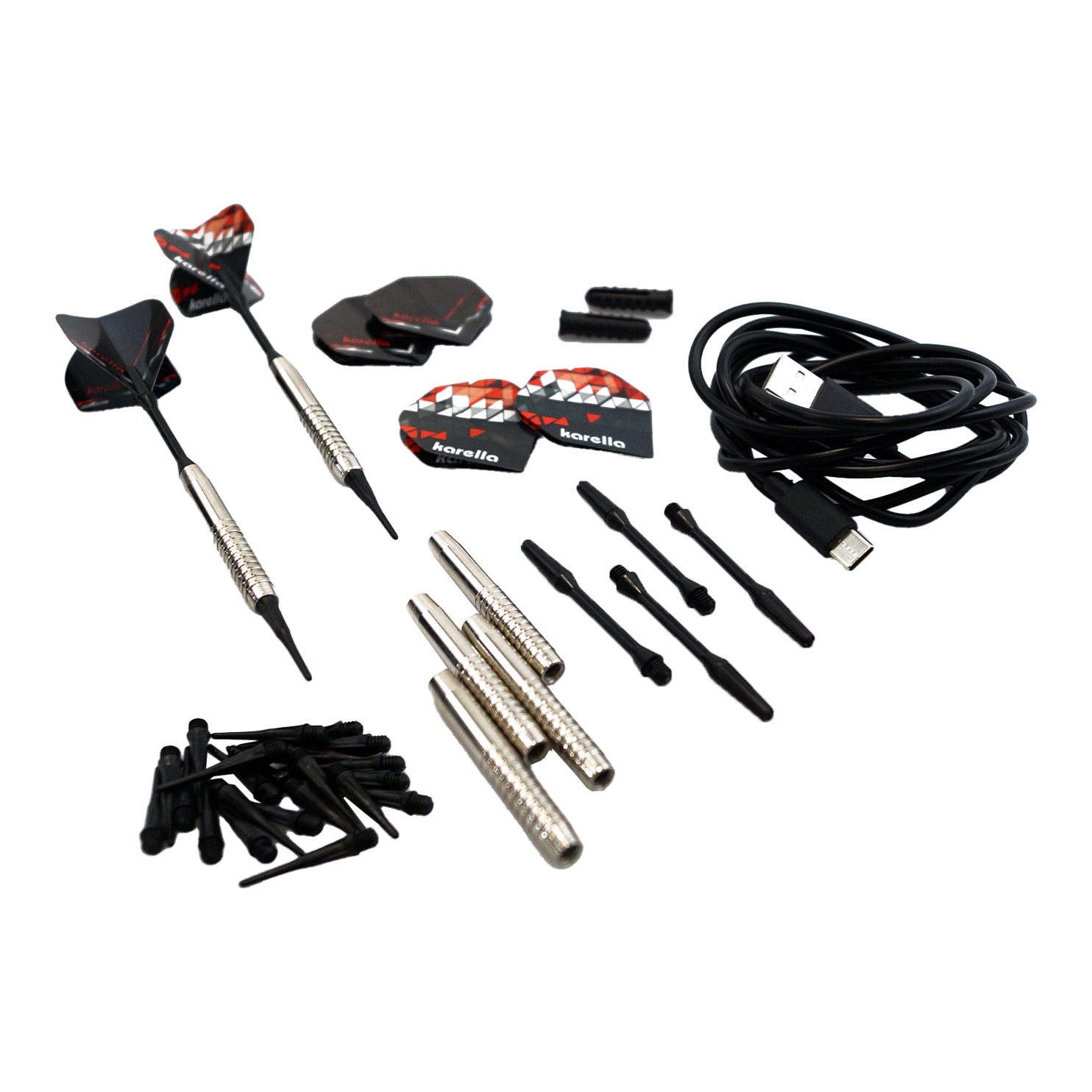 Karella CB-Smart Electronic Soft Dartboard Das Bild zeigt das Zubehörset der Karella CB-Smart Elektronischen Soft-Dartscheibe, darunter mehrere Dartpfeile, Ersatzspitzen, Flights und ein USB-Kabel. Die Einzelteile sind ordentlich auf einem hellen Hintergrund angeordnet.