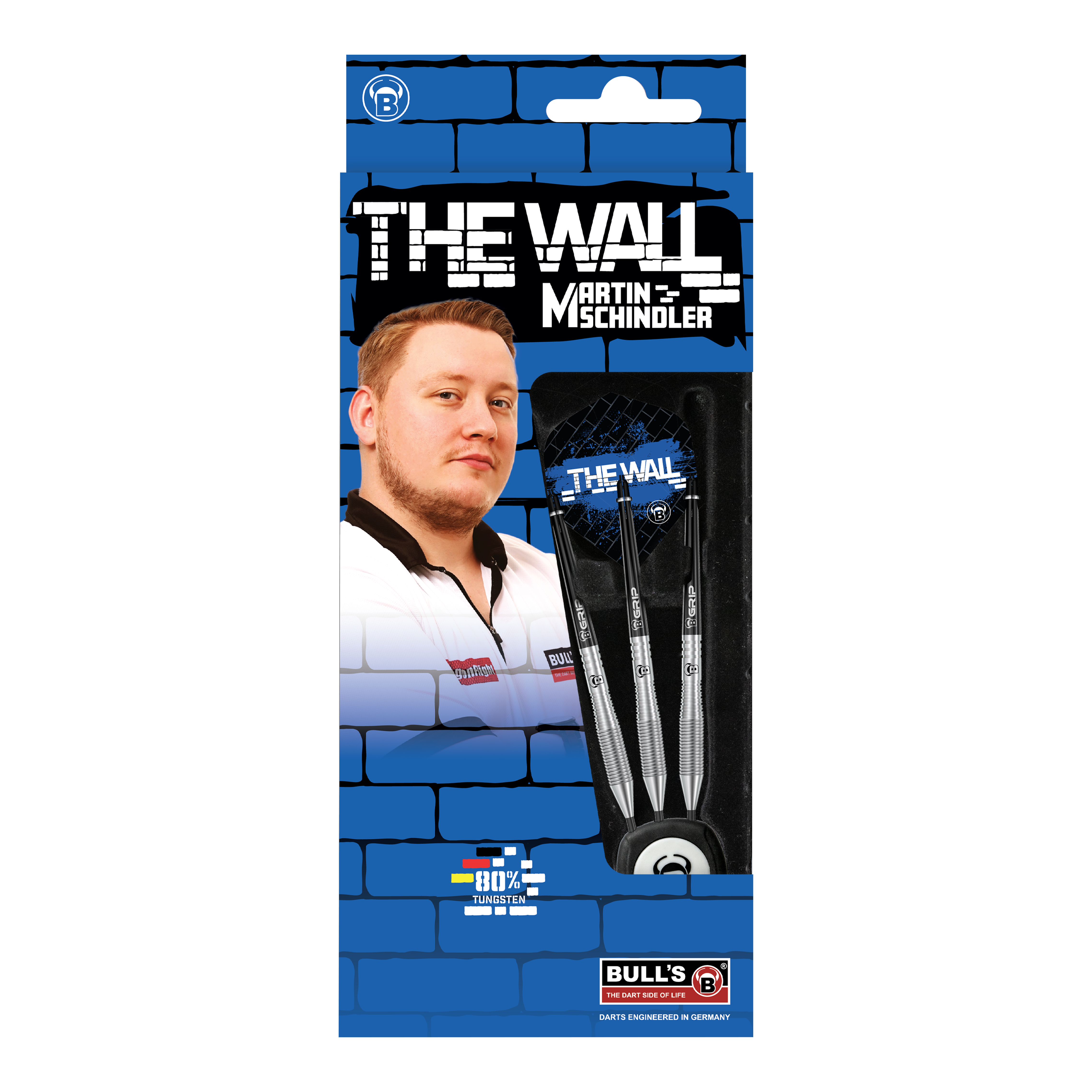 Die Verpackung zeigt die "Bulls Martin Schindler TW80 Steeldarts" mit einem Bild von Martin Schindler. Im Inneren sind drei silberne Steeldarts zu sehen.