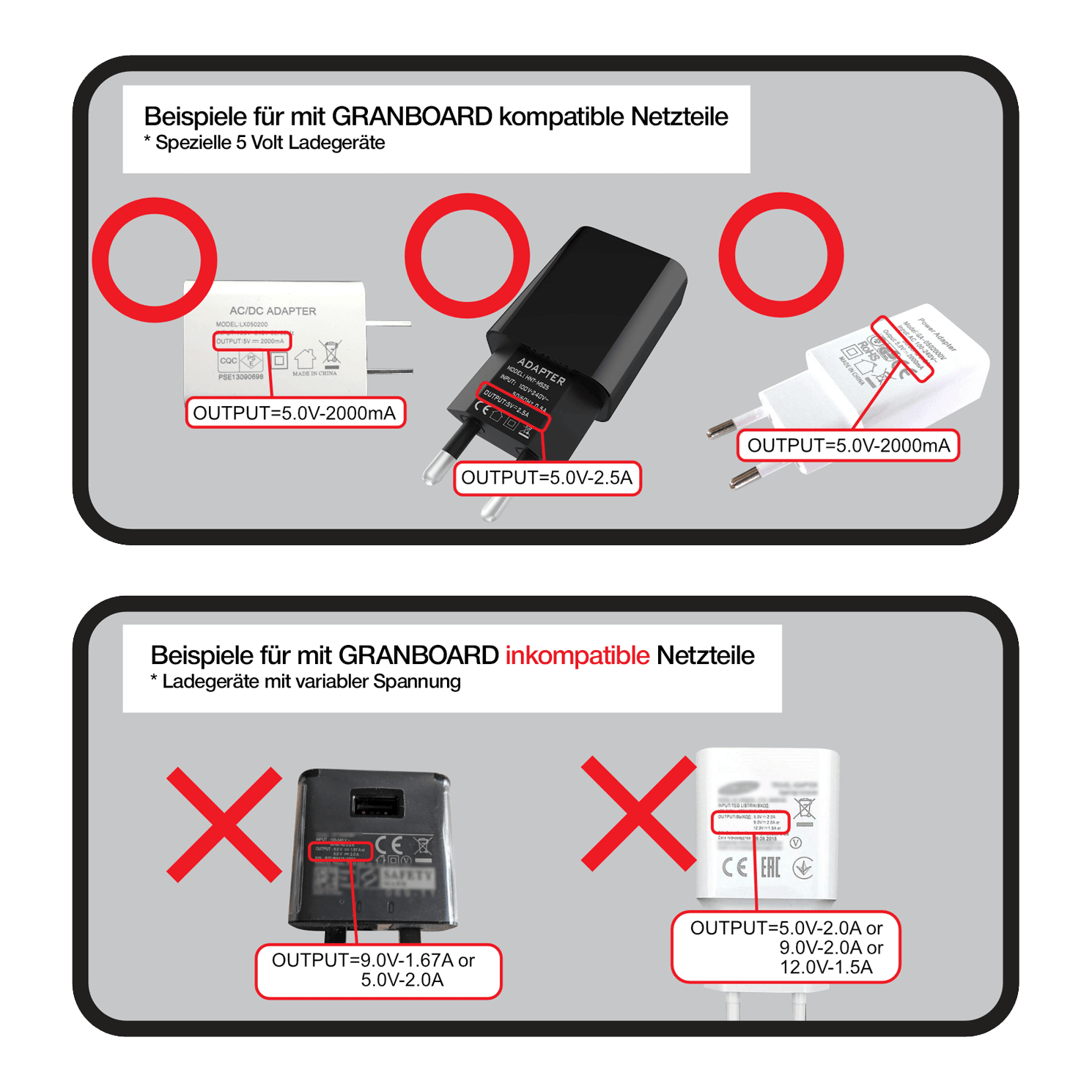 GranBoard 132 Elektronisches Dartboard Das Bild zeigt, welche Netzteile mit dem GranBoard 132 Elektronisches Dartboard kompatibel oder inkompatibel sind. Oben werden geeignete 5V-Netzteile gezeigt, während unten Netzteile mit variabler Spannung als ungeeignet markiert sind.