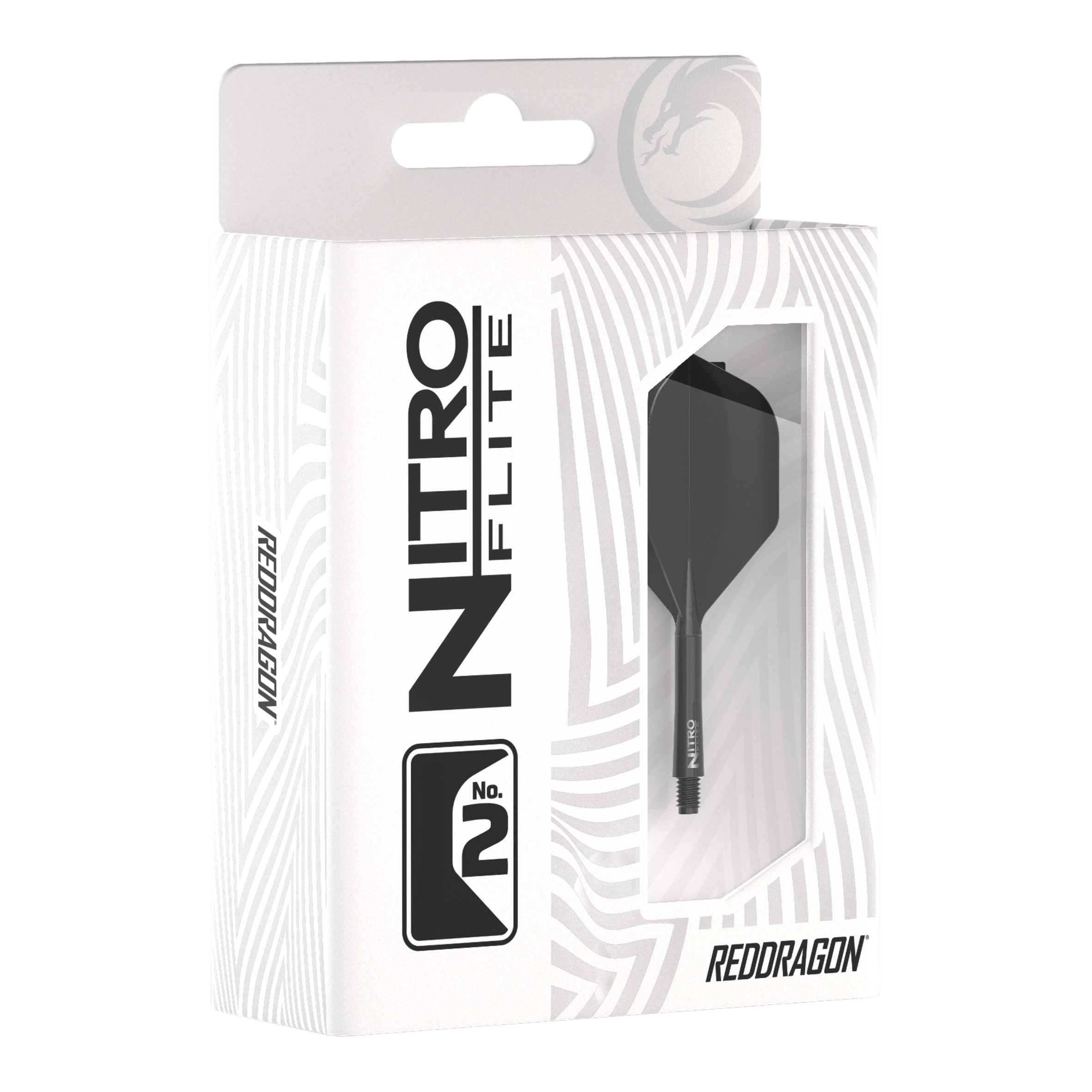 Red Dragon Nitroflite - Black Shaft Black No2 Flights Die Verpackung zeigt das Produkt "Red Dragon Nitroflite - Black Shaft Black No2 Flights". Im Sichtfenster ist ein schwarzer Dart-Schaft mit schwarzem Flight zu sehen.