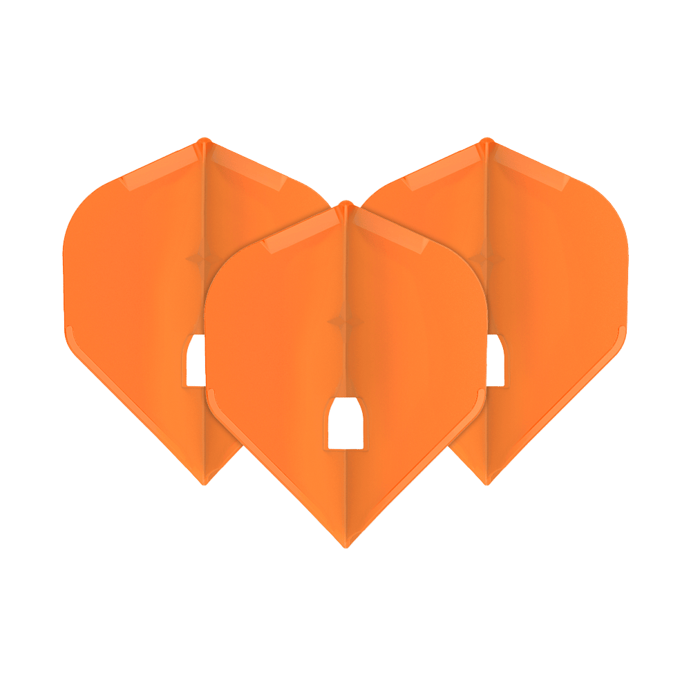 L-Style Flights Champagne - L1PRO Standard Das Bild zeigt drei orangefarbene Dart-Flights in Standardform. Sie sind ordentlich nebeneinander angeordnet und haben eine glänzende Oberfläche.