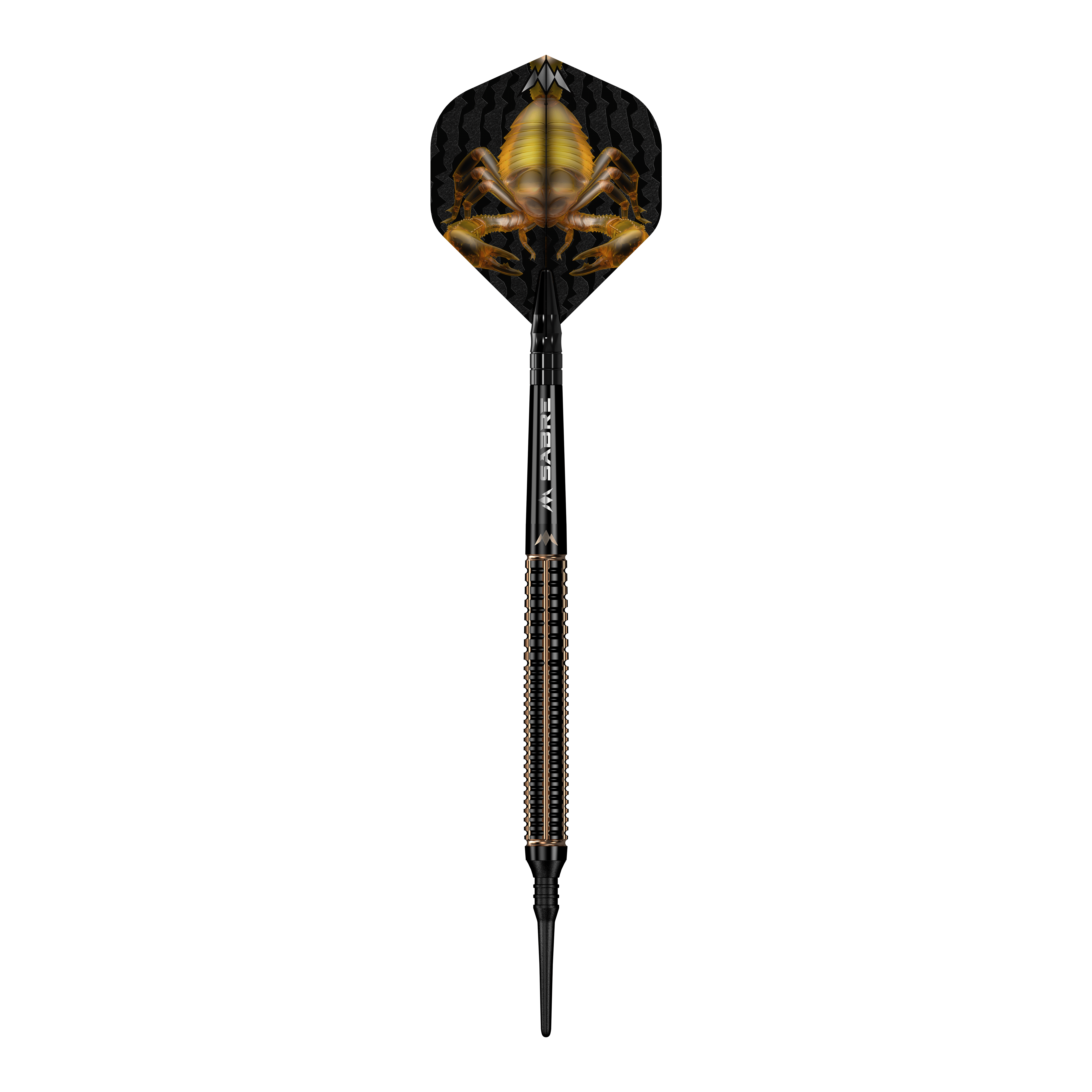 Mission Scorpion soft darts - 19g Das Bild zeigt einen Softdart namens "Mission Scorpion Softdarts - 19g". Auf dem Flight ist ein auffälliges Skorpion-Design in Gelb und Schwarz zu sehen.