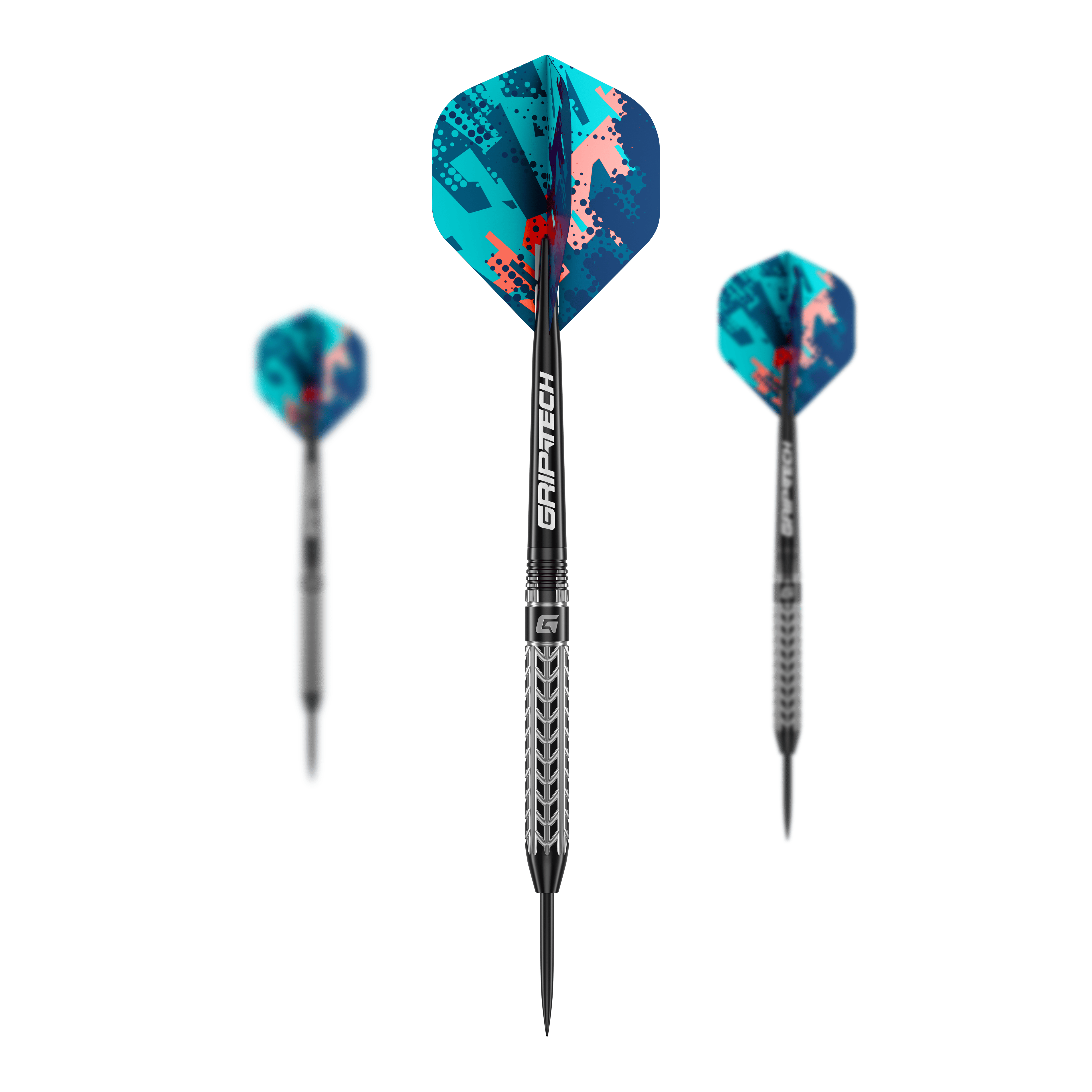 GOAT Traction Tungsten Steel Darts Das Bild zeigt drei GOAT Traction Tungsten Steeldarts mit bunten Flights in Blau- und Rottönen. Auf dem Mittelteil der Darts steht "GRIPTECH" geschrieben.