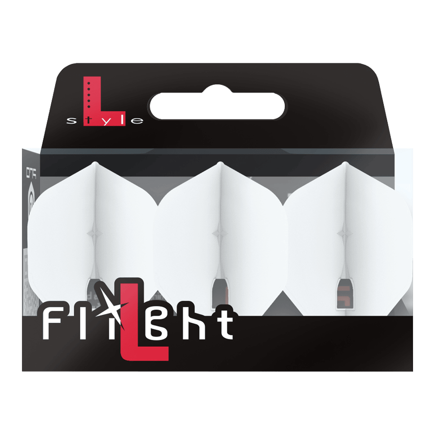Auf dem Bild ist eine Packung mit drei weißen Dart-Flights zu sehen. Die Verpackung trägt die Aufschrift „L-style Flight“ und ist hauptsächlich schwarz und weiß gestaltet.
