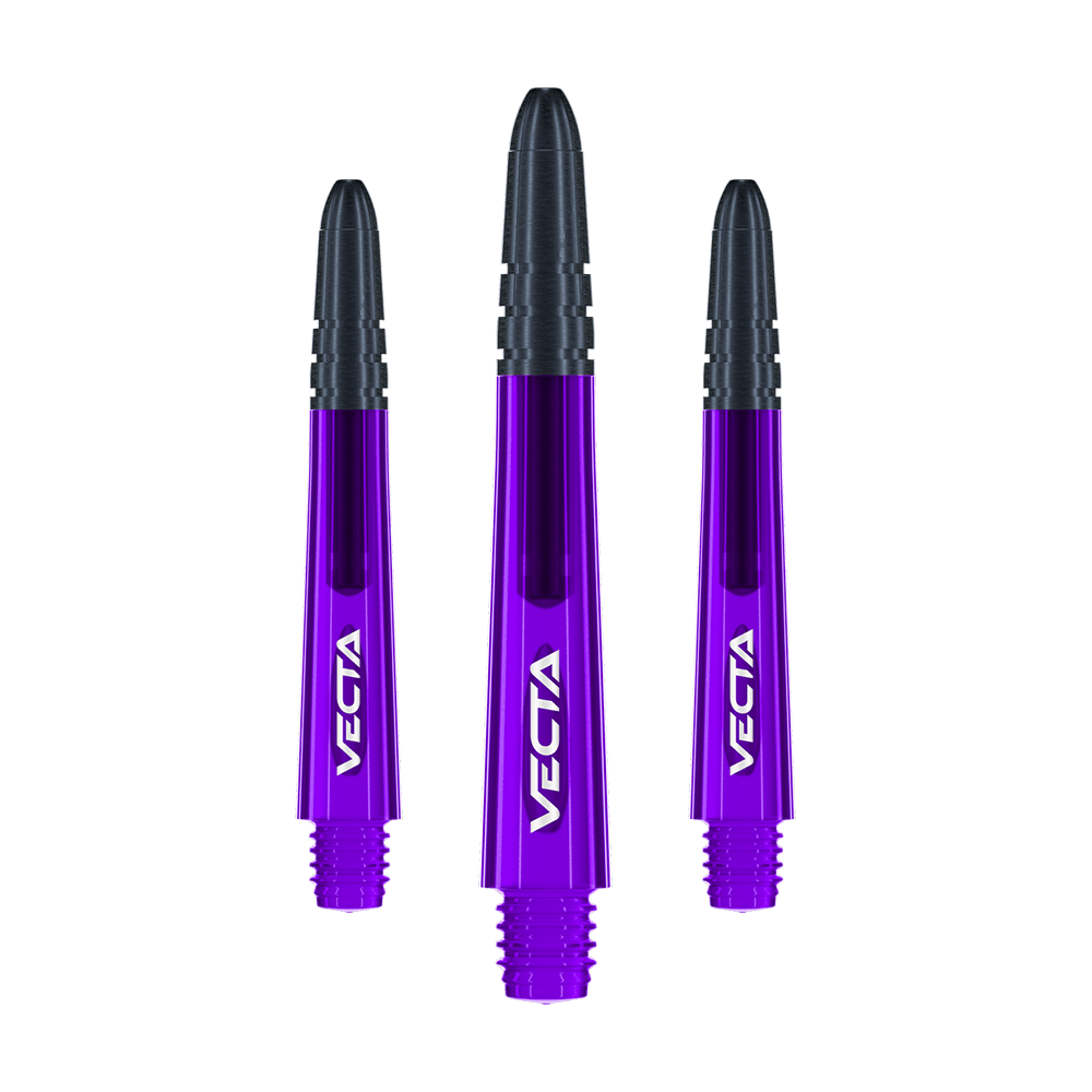 Winmau Vecta Shafts - Purple Black Das Bild zeigt drei violett-schwarze Dartschäfte mit der Aufschrift "VECTA". Sie sind gleich lang und nebeneinander angeordnet.