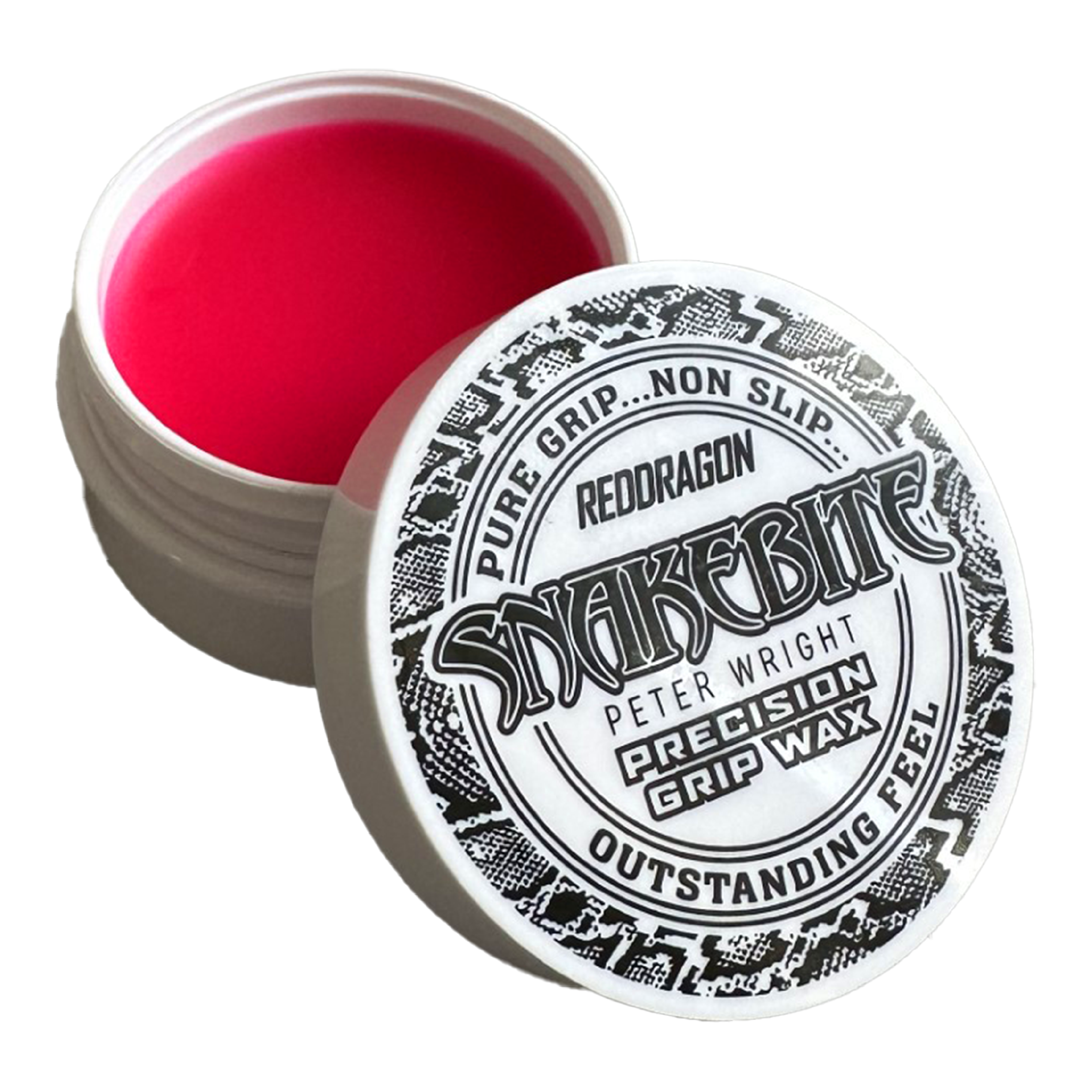 Red Dragon Peter Wright Snakebite Precision Grip Wax finger wax Das Bild zeigt eine geöffnete Dose mit rotem Fingerwachs der Marke "Red Dragon Peter Wright Snakebite Precision Grip Wax". Auf dem Deckel steht, dass das Produkt für einen sicheren, rutschfesten Griff sorgt.