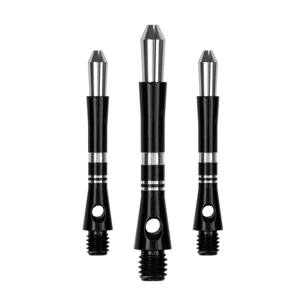 560_Target_Colette_Shafts_Schwarz_35mm_1 Das Bild zeigt drei schwarze Harrows Colette Shafts für Darts. Die Shafts sind aus Metall und haben silberne Akzente.