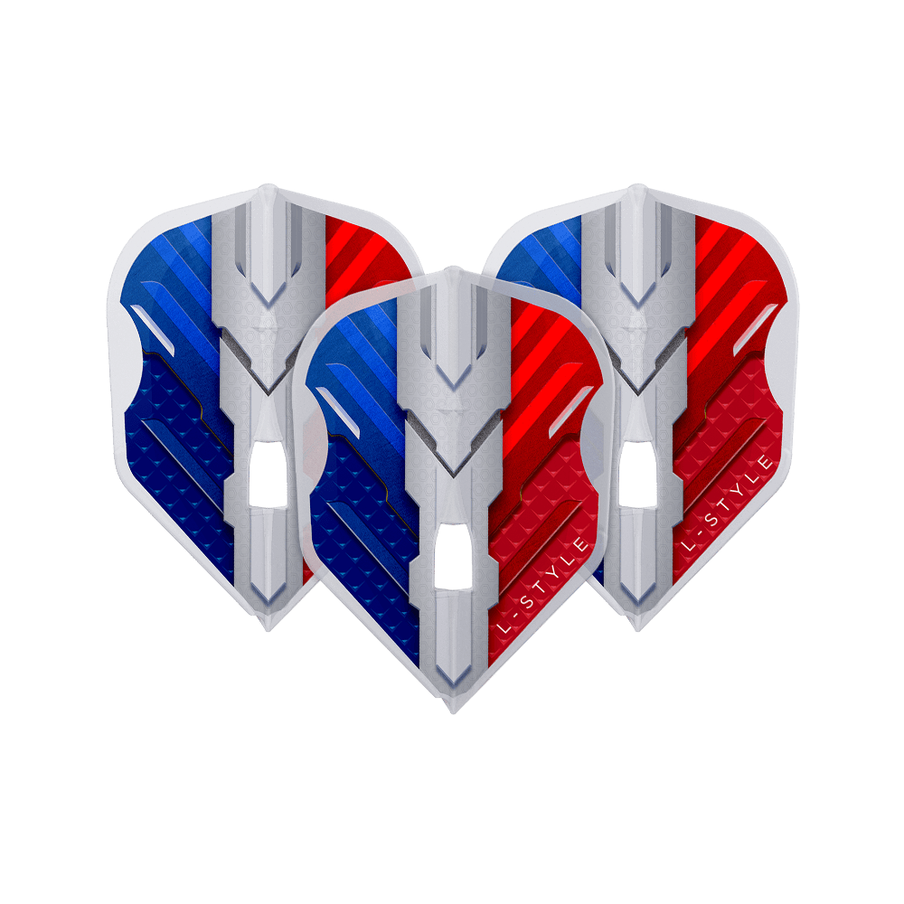 L-Style V-Series V1 Type B France Clear White L3PRO Flights Das Bild zeigt drei Dart-Flights mit einem modernen Design in den Farben Blau, Weiß und Rot. Auf den Flights steht der Schriftzug "L-Style".