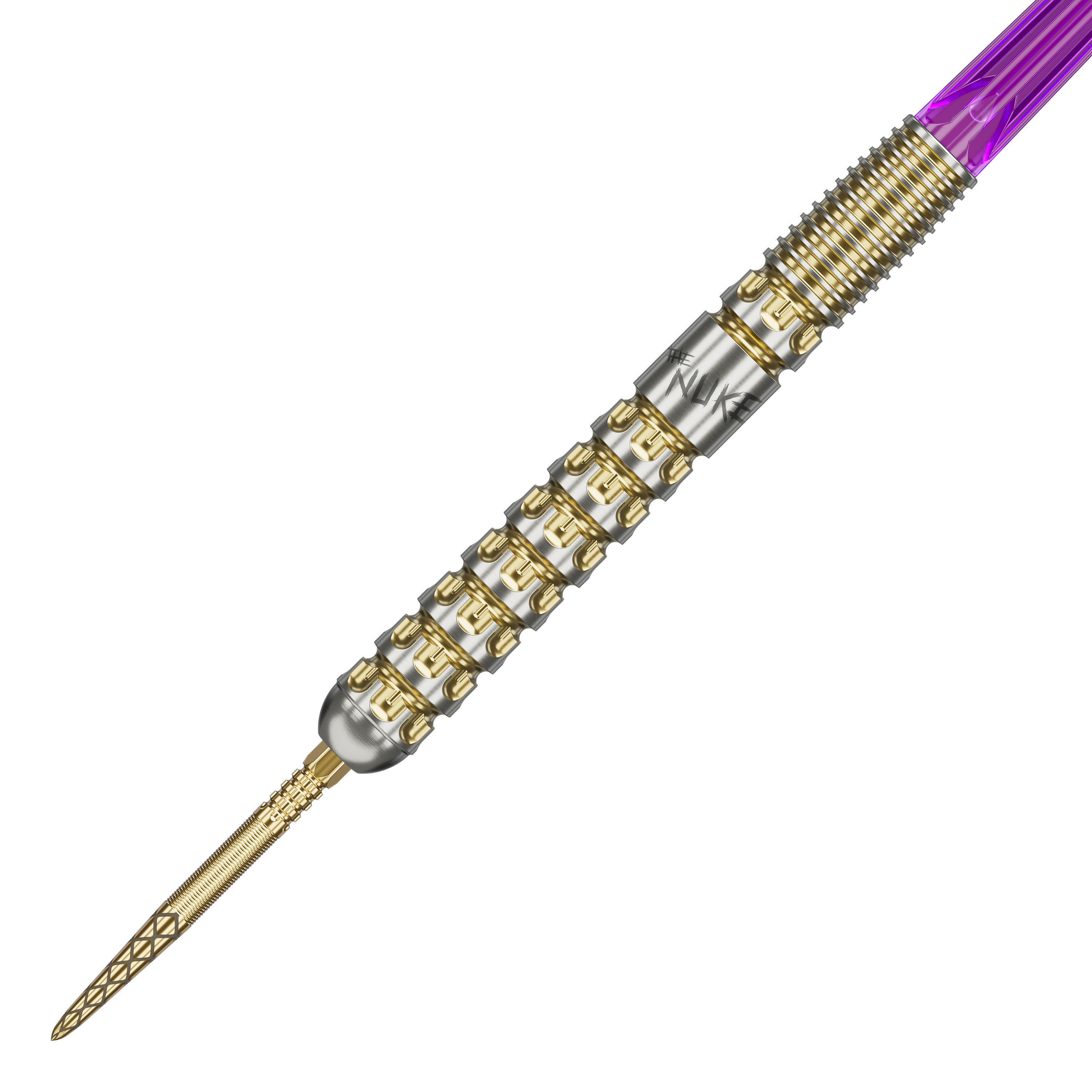 Target Luke Littler GEN1 Prodigy Swiss Point Steel Darts Das Bild zeigt einen Target Luke Littler GEN1 Prodigy Swiss Point Steeldart. Der Dartpfeil hat goldene und silberne Akzente sowie einen violetten Schaft.