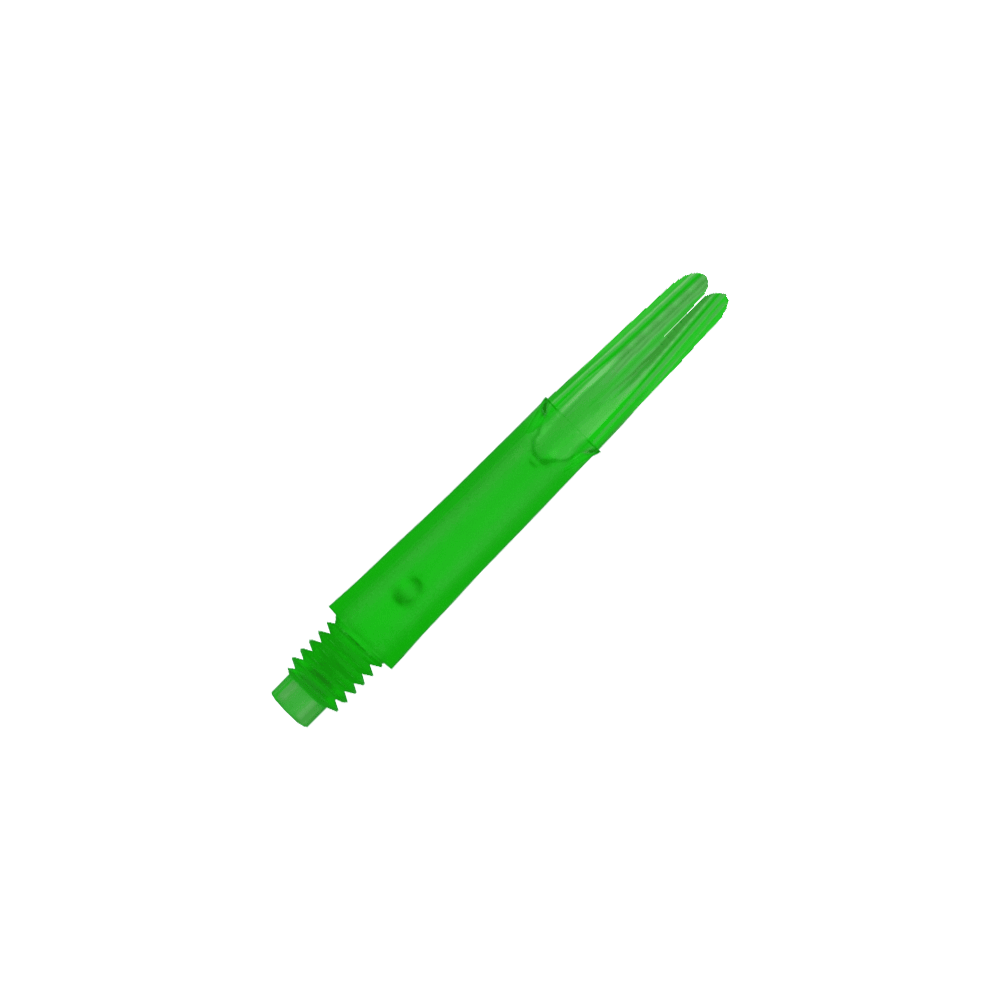 L-L-Style-Shafts Locked Straight - Green Das Bild zeigt einen geraden, grünen Dart-Schaft ohne Kappen. Er ist aus Kunststoff gefertigt und hat ein Schraubgewinde am unteren Ende.