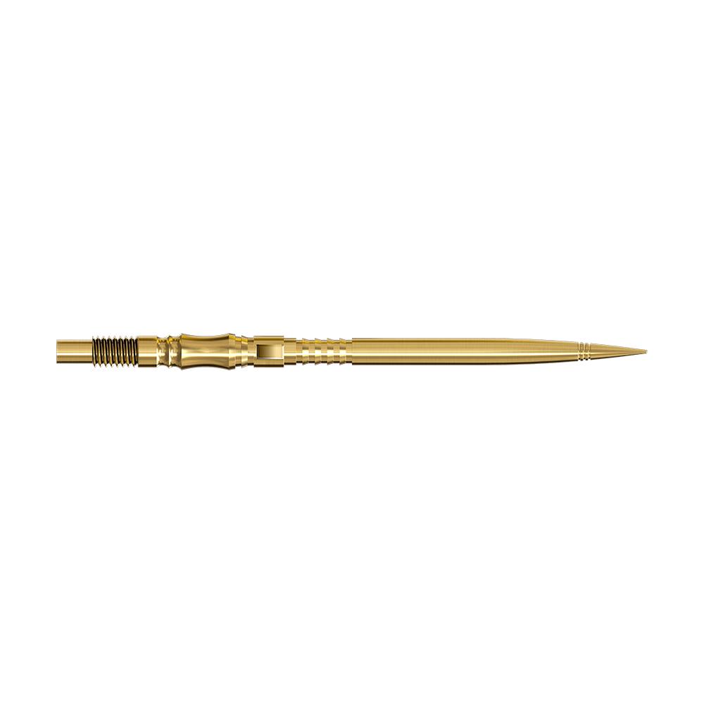 Harrows Quick Point Axis Elite Series Dart Tips - Gold Zwei lange, goldene Dartspitzen werden seitlich gezeigt. Beide Spitzen liegen parallel auf einer hellen Fläche.