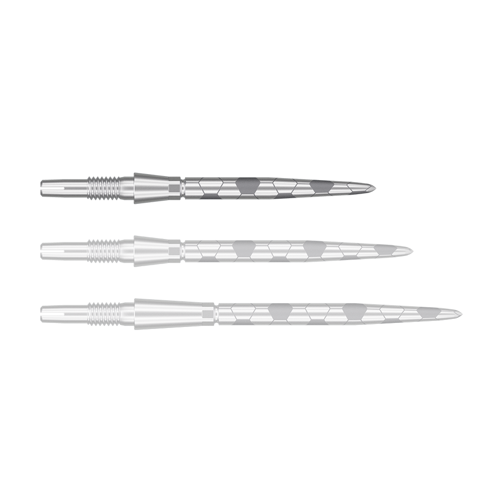 Target Swiss Storm Onyx Point Dart Tips - Silver Das Bild zeigt drei silberne Dartspitzen mit einem sechseckigen Muster. Sie sind parallel nebeneinander angeordnet und haben eine glatte, metallische Oberfläche.