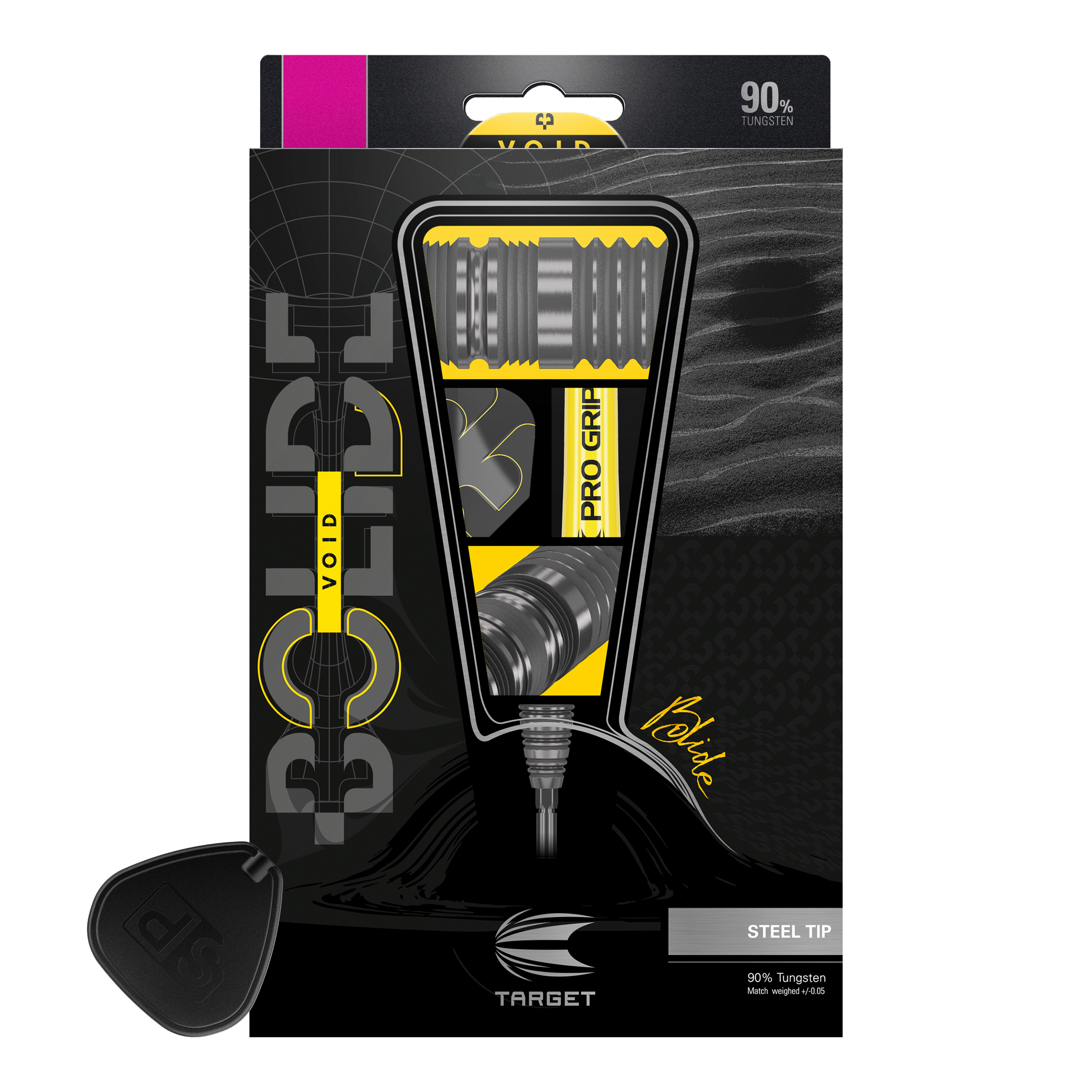 Target Bolide Void 02 Swiss Point steel darts Das Bild zeigt die Verpackung der "Target Bolide Void 02 Swiss Point Steeldarts". Die Darts bestehen zu 90% aus Tungsten und haben eine Stahlspitze.