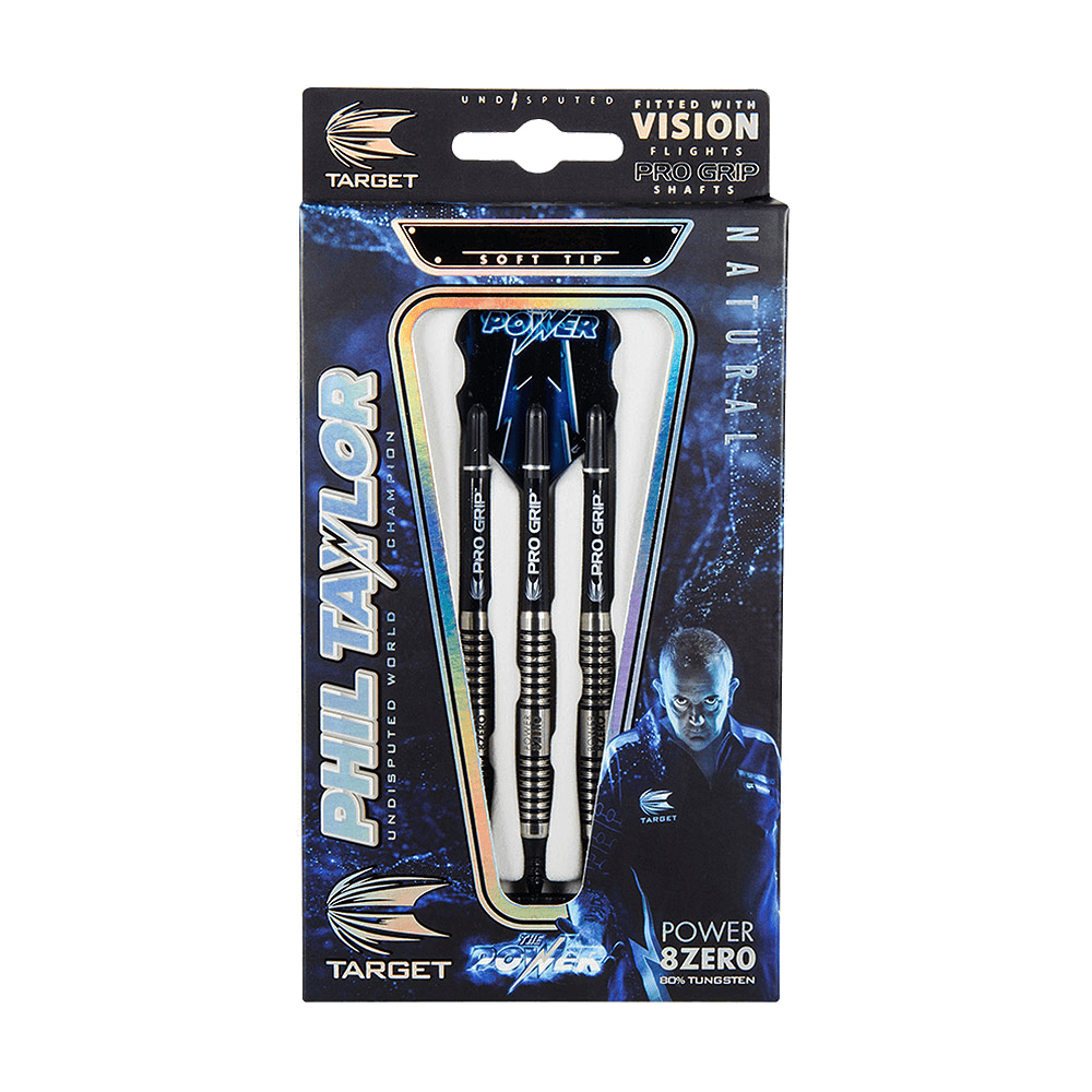 200240-Target-Phil-Taylor-Power-8Zero-Softdarts-3-4-Wallet Das Bild zeigt die Target Phil Taylor Power 8zero Softdarts in ihrer Originalverpackung. Die Verpackung hebt den Namen Phil Taylor und das hochwertige Design der Darts hervor.