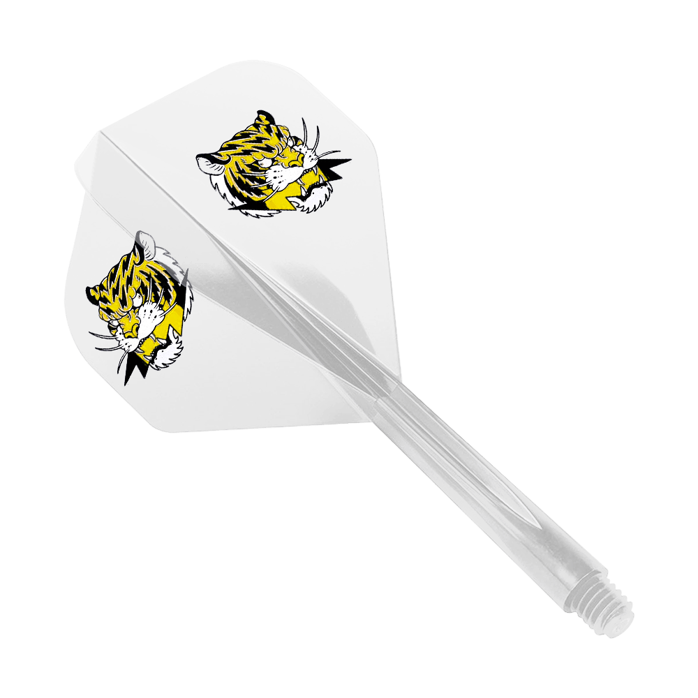 Das Bild zeigt das Produkt "Condor AXE Inazuma Tiger Mix Flight-System Yellow Clear - Standard". Auf dem weißen Flight sind zwei gelbe Tigerköpfe abgebildet.