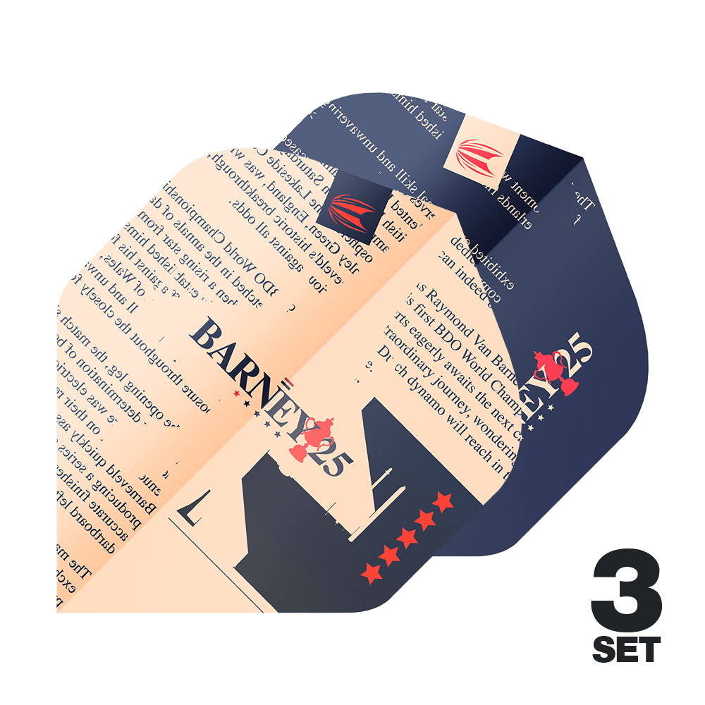 Target ProUltra Raymond Van Barneveld Barney25 Standard Flights Das Bild zeigt die Target ProUltra Raymond Van Barneveld Barney25 Standard Flights in einem auffälligen Design. In der rechten unteren Ecke steht "3 SET", was darauf hinweist, dass drei Sätze enthalten sind.