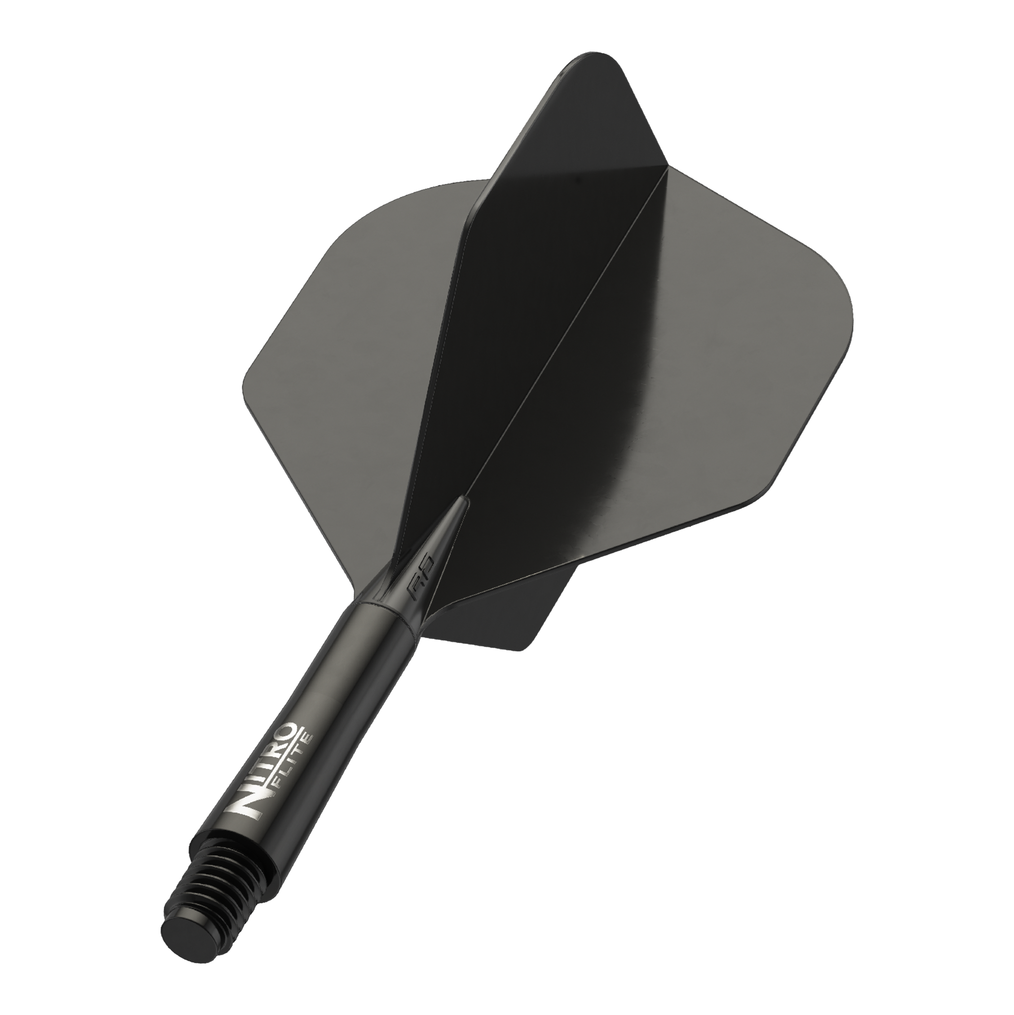 Red Dragon Nitroflite - Black Shaft Black No2 Flights Auf dem Bild ist ein schwarzer Dart-Schaft mit schwarzen Flights zu sehen. Auf dem Schaft steht der Schriftzug "NITRO FLITE".
