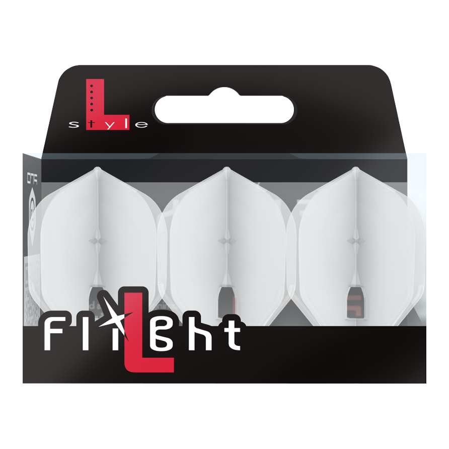 L-Style Champagne L1PRO Flights Die Verpackung enthält drei transparente Dart-Flights der Marke L-Style. Auf der Packung steht groß „Flight“ und oben links ist das L-Style-Logo zu sehen.