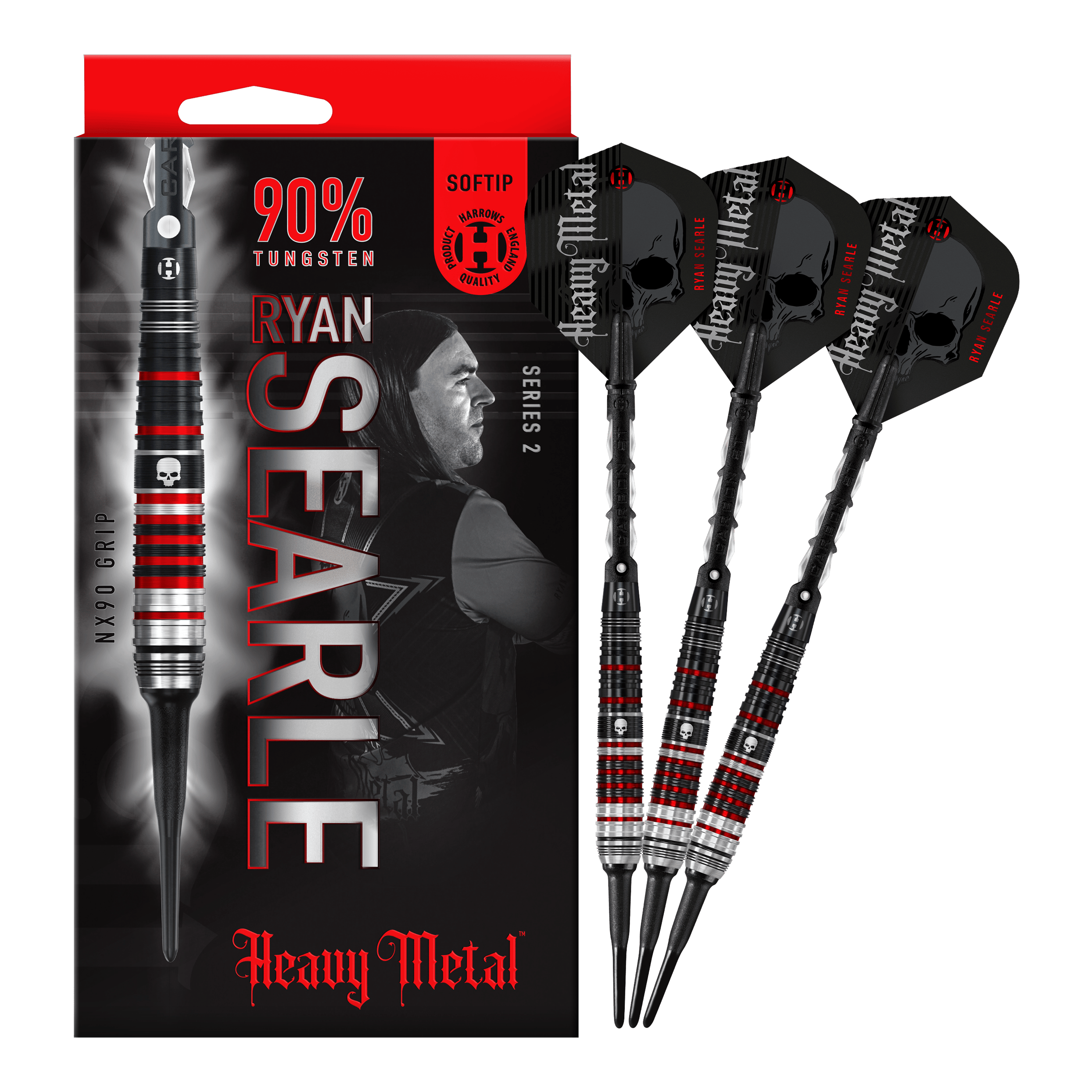 Das Bild zeigt die "Harrows Ryan Searle Heavy Metal Series 2 Softdarts" mit einer Verpackung und drei Darts. Die Darts bestehen zu 90 % aus Wolfram und haben ein schwarzes und rotes Design mit Totenkopf-Motiv.