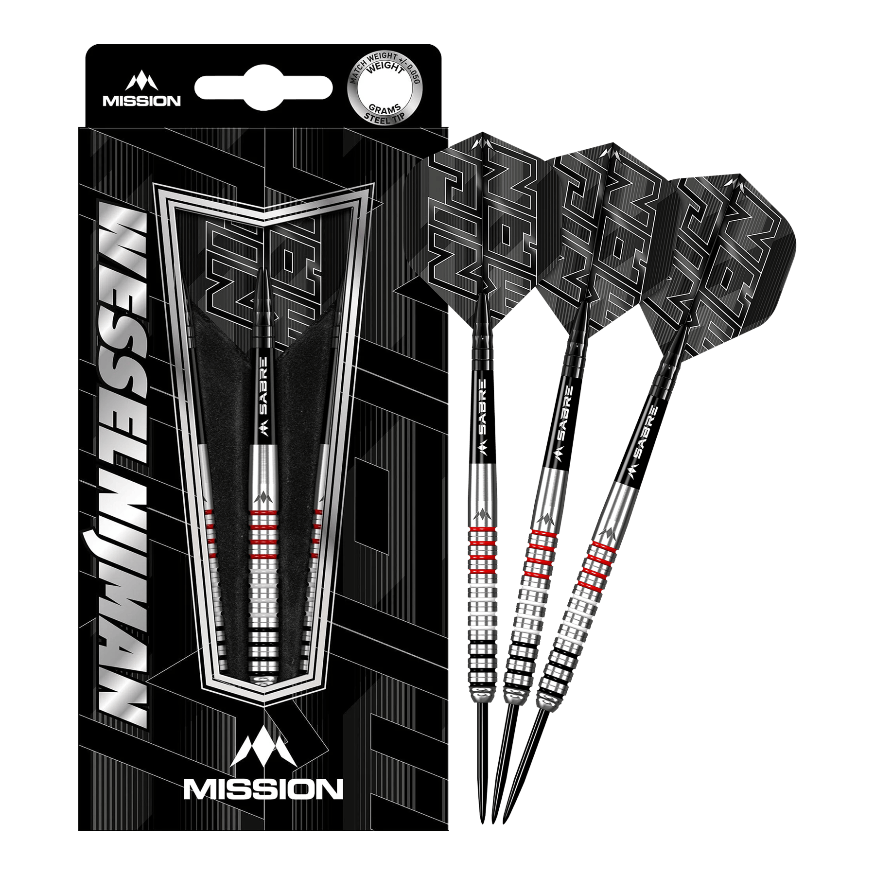 Mission Wessel Nijman steel darts - 23g Das Bild zeigt das Produkt "Mission Wessel Nijman Steeldarts - 23g" in seiner Verpackung. Rechts neben der Verpackung sind drei Steeldarts mit schwarzem Flight und silbernen Schäften abgebildet.