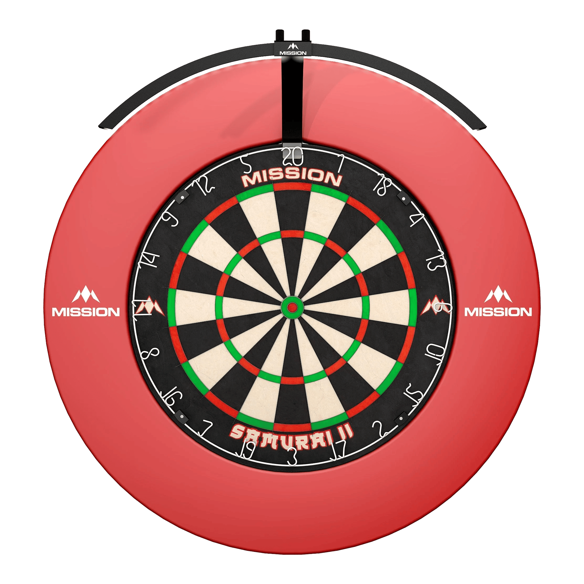 Mission Torus 100 Foldable LED Dartboard Lighting Das Bild zeigt ein rundes, beleuchtetes LED-Dartboard mit der Aufschrift "Mission Torus 100" und "Samurai II" in der Mitte. Das Dartboard ist von einem roten Schutzring mit dem Mission-Logo umgeben.