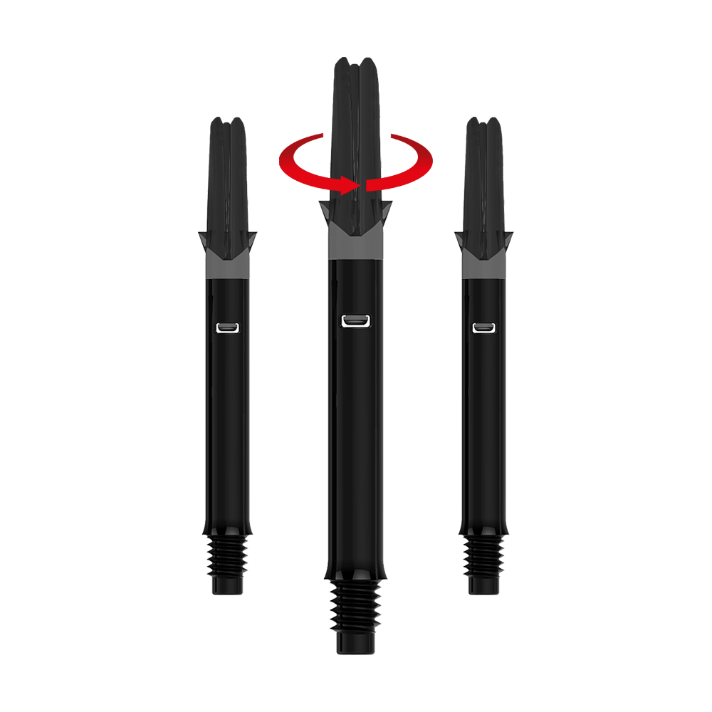 L-L-Style-Shafts Silent Straight - Black Das Bild zeigt drei schwarze Dartschäfte ohne Kappen. Über dem mittleren Schaft ist ein roter Pfeil, der eine Drehbewegung anzeigt.