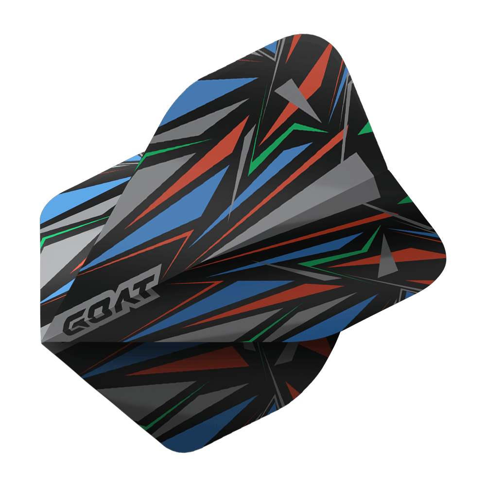 GOAT Athlete Black No2 Standard Flights Das Bild zeigt das Produkt "GOAT Athlete Black No2 Standard Flights". Das Flight hat ein auffälliges, geometrisches Muster in Schwarz, Blau, Rot, Grün und Grau.