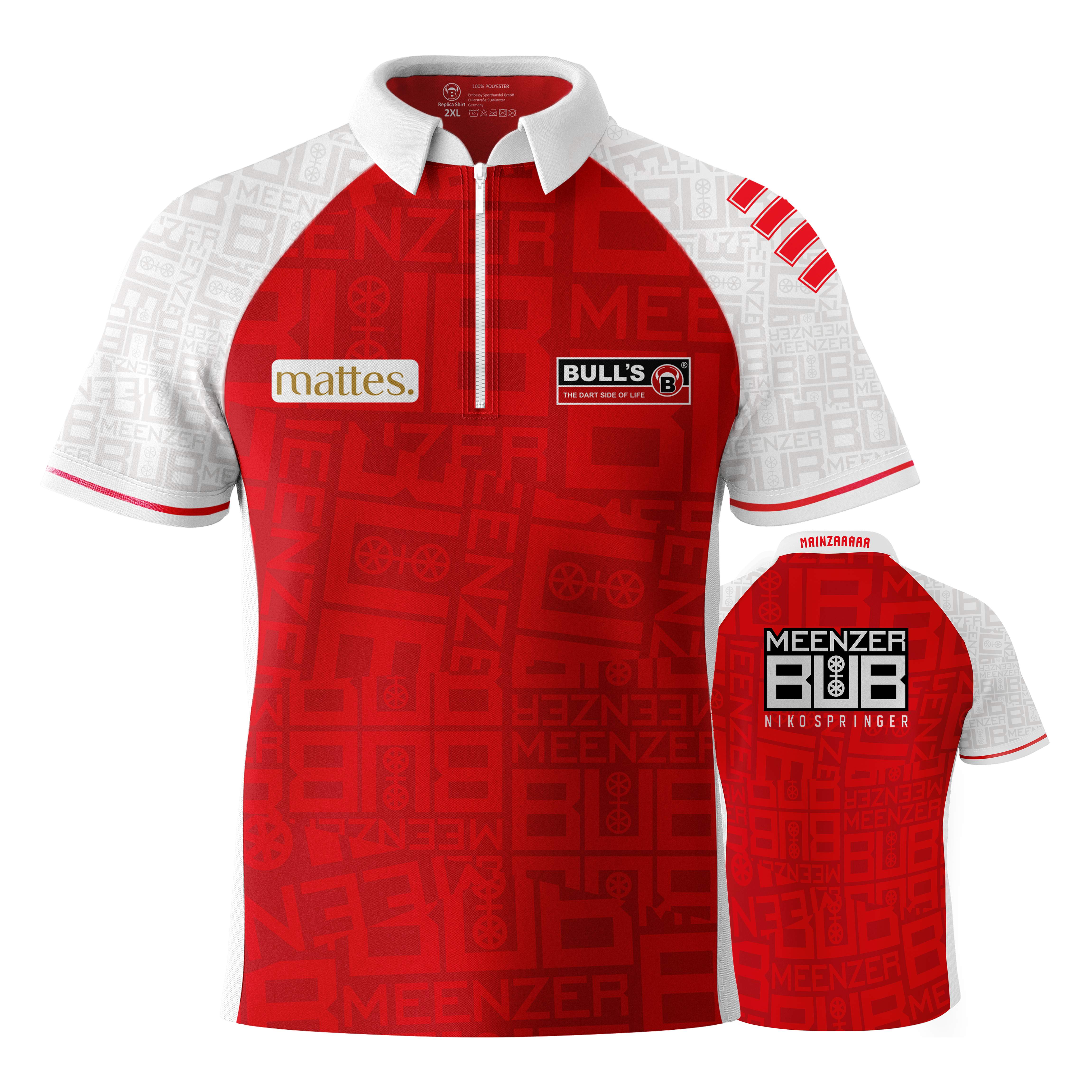 Bulls Niko Springer Meenzer Bub dart shirt Das Bild zeigt das Dartshirt "Bulls Niko Springer Meenzer Bub" in Rot und Weiß. Auf der Vorder- und Rückseite sind verschiedene Logos und Schriftzüge abgebildet.