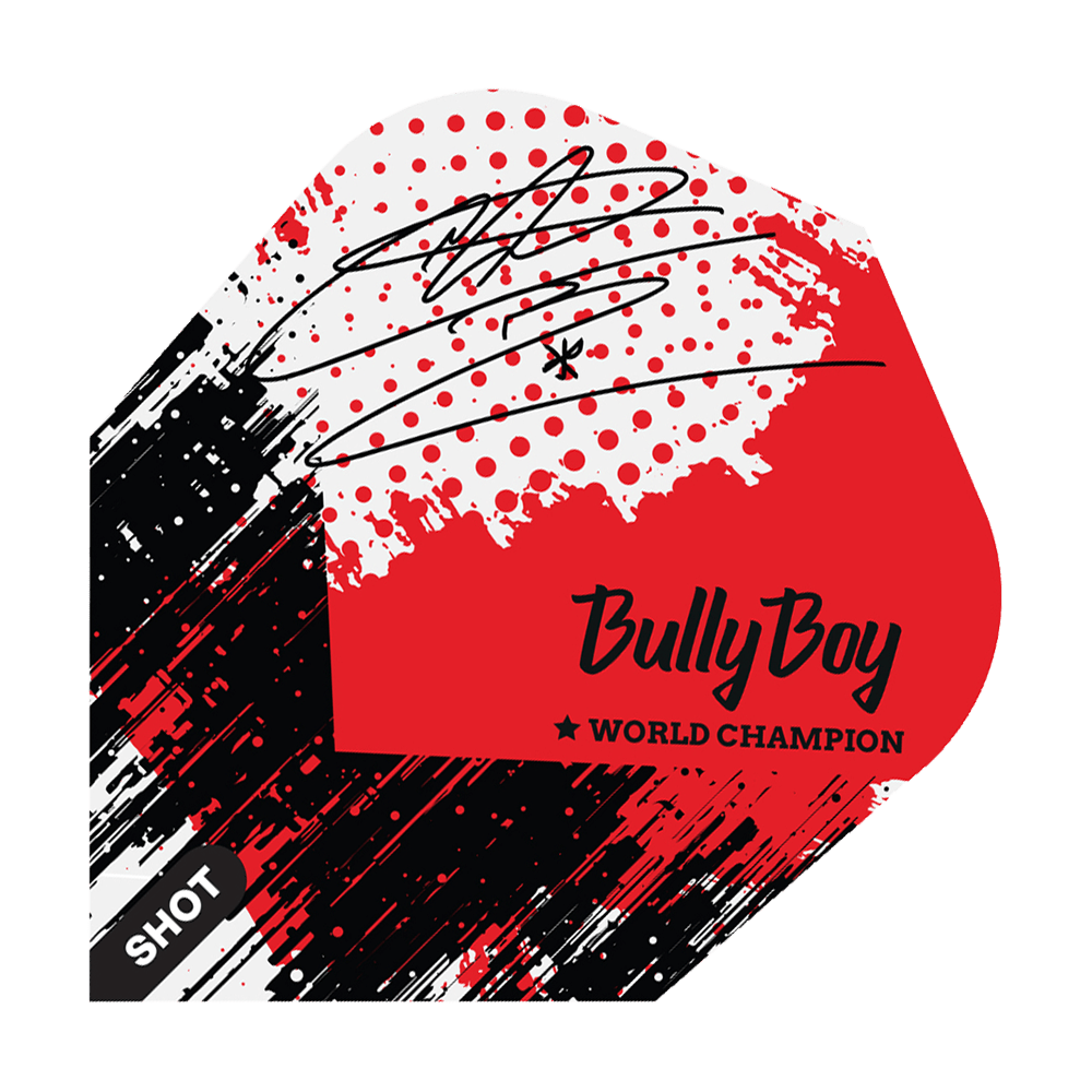 Shot Michael Smith Bully Boy Game Day No6 Flights Das Bild zeigt ein Dart-Flight mit einem modernen, rot-schwarzen Design und einem Autogramm. Auf dem Flight steht "Bully Boy" und "World Champion" sowie das Markenlogo "Shot".