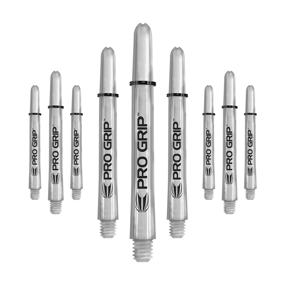Das Bild zeigt neun transparente Pro Grip Shafts für Dartpfeile. Die Shafts haben eine Länge von 48 mm und sind mit schwarzem Schriftzug und Logo versehen.