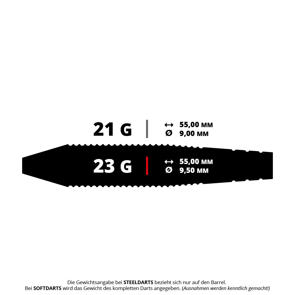 Das Bild zeigt die technischen Daten von zwei Steeldarts mit 21 g und 23 g Gewicht. Beide Darts haben eine Länge von 55,00 mm, der Durchmesser beträgt 9,00 mm bzw. 9,50 mm.