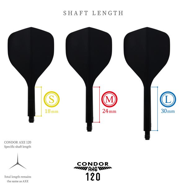 Condor Axe 120 Flight-System Black - Standard Das Bild zeigt das Produkt "Condor Axe 120 Flight-System Black - Standard" in drei verschiedenen Schaftlängen. Die Größen sind S (18 mm), M (24 mm) und L (30 mm).