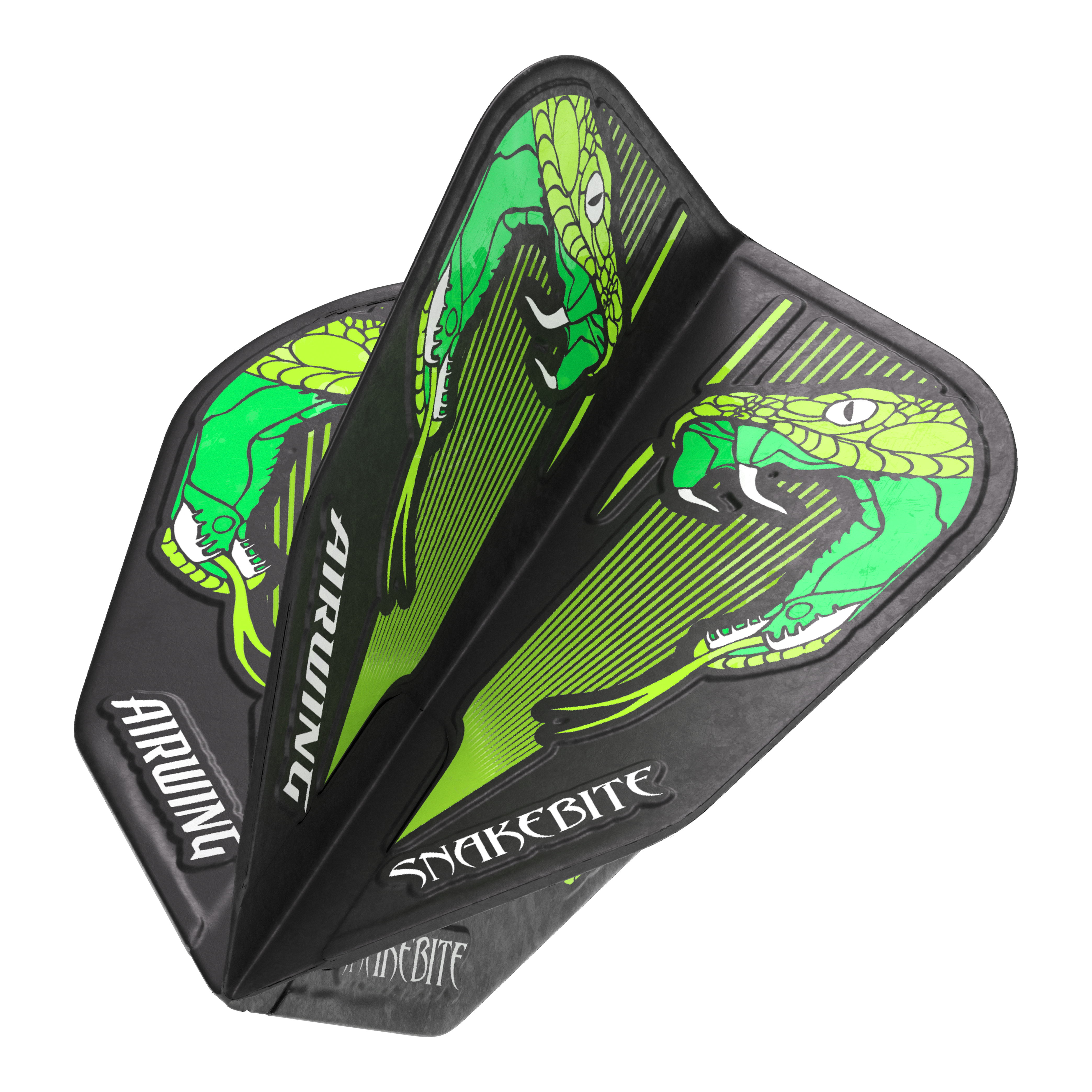 Red Dragon Airwing Peter Wright Green V-Standard Flights Das Bild zeigt die "Red Dragon Airwing Peter Wright Green V-Standard Flights" mit einem grünen Schlangenmuster. Auf den Flights stehen die Wörter "Airwing" und "Snakebite".