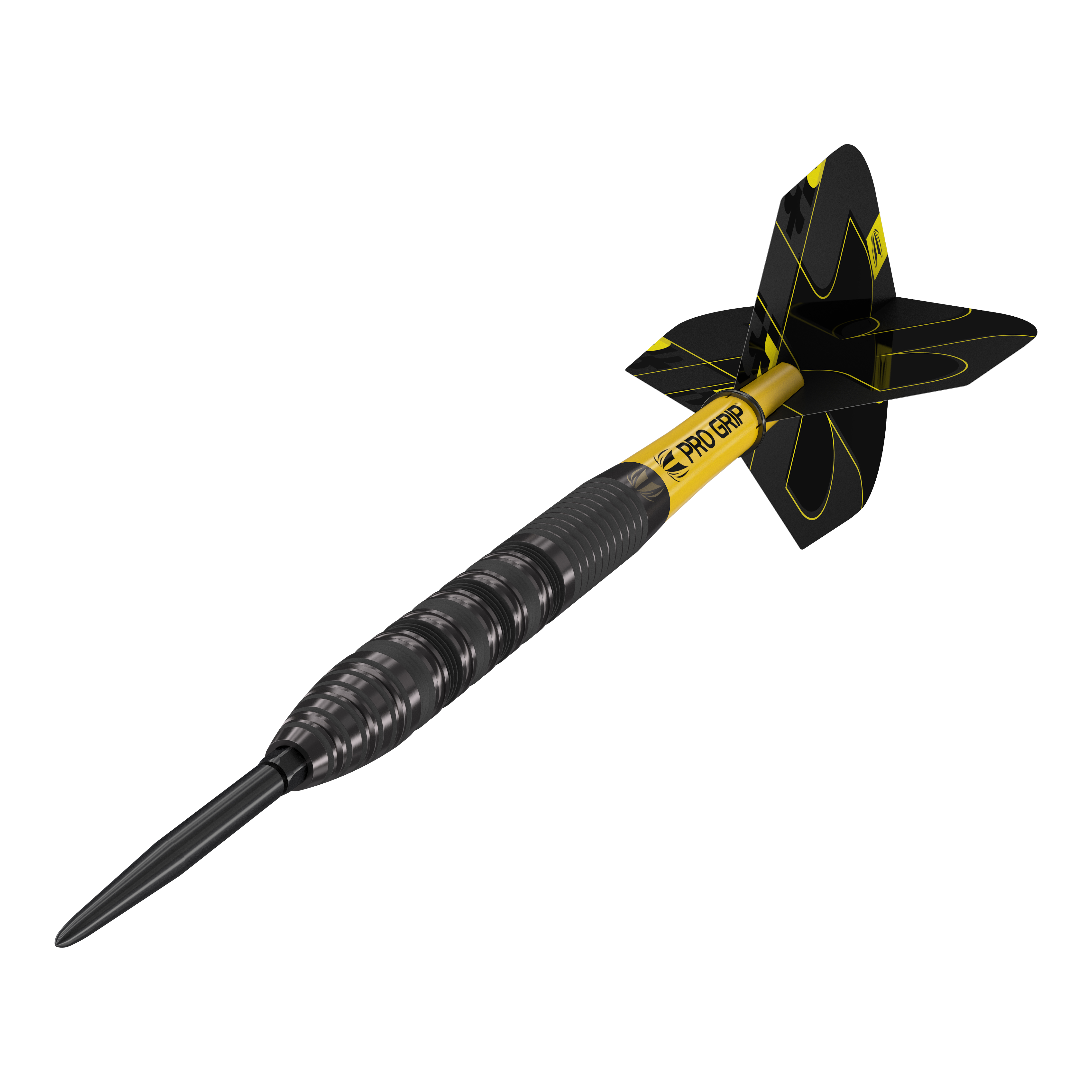 Target Bolide Void 01 Swiss Point Steeldarts Das Bild zeigt einen Target Bolide Void 01 Swiss Point Steeldart. Der Dartpfeil hat ein modernes Design mit schwarzen und gelben Akzenten.