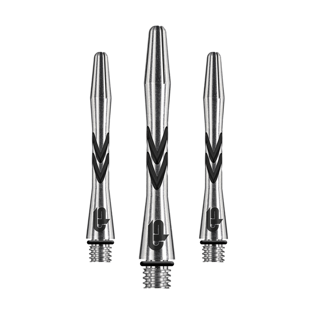 C648_Red_Dragon_Gerwyn_Price_V-Groove_Aluminium_Shafts_Black_36mm_1 Das Bild zeigt drei silberne Dartschäfte mit schwarzen V-förmigen Rillen. Es handelt sich um die "Red Dragon Gerwyn Price V-Groove Black Aluminium Shafts - 36 mm".