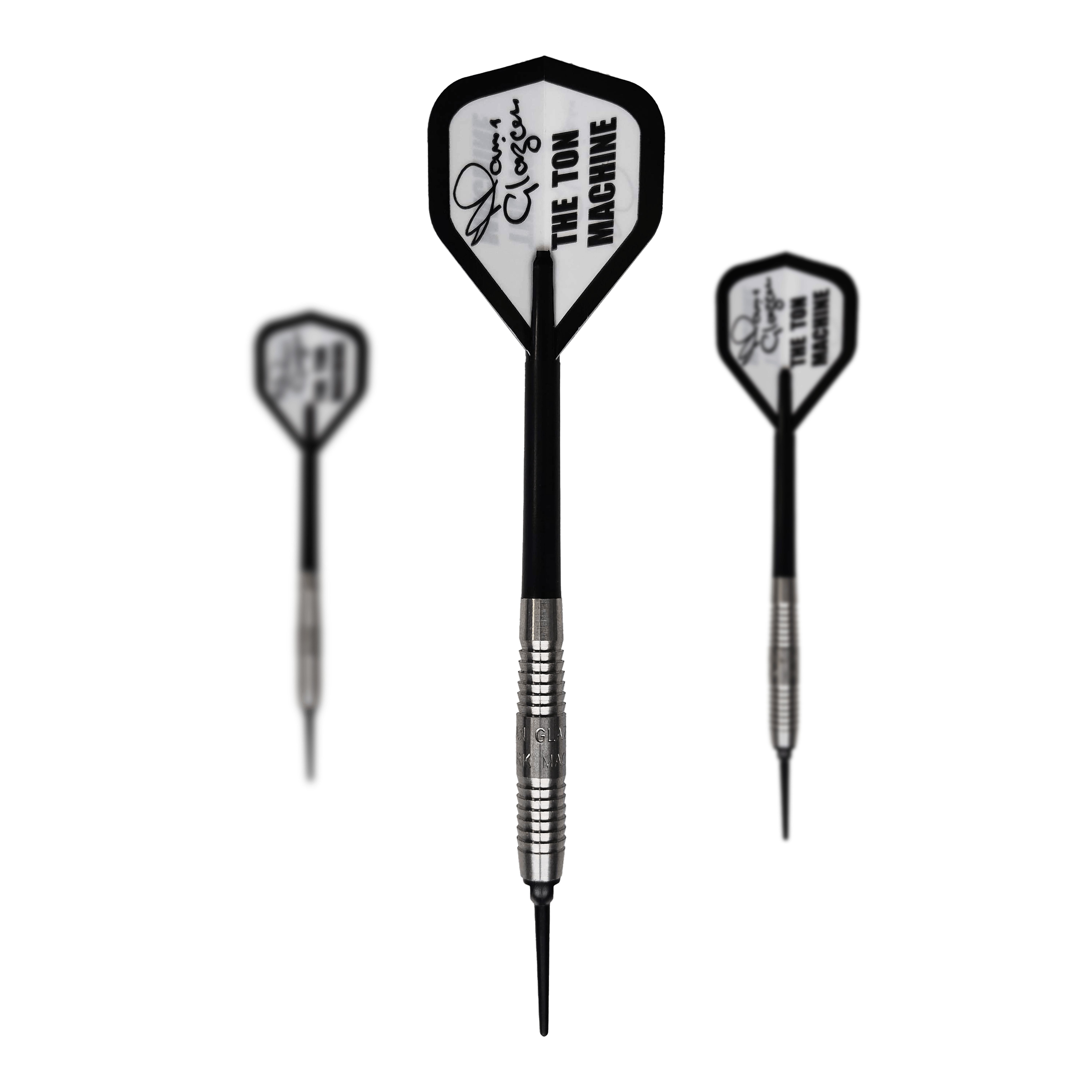 McKicks Alam Glazier Shark Machine Soft Darts Das Bild zeigt drei Softdarts des Produkts "McKicks Alam Glazier Shark Machine". Die Darts haben silberne Griffe und weiße Flights mit der Aufschrift "THE TON MACHINE".