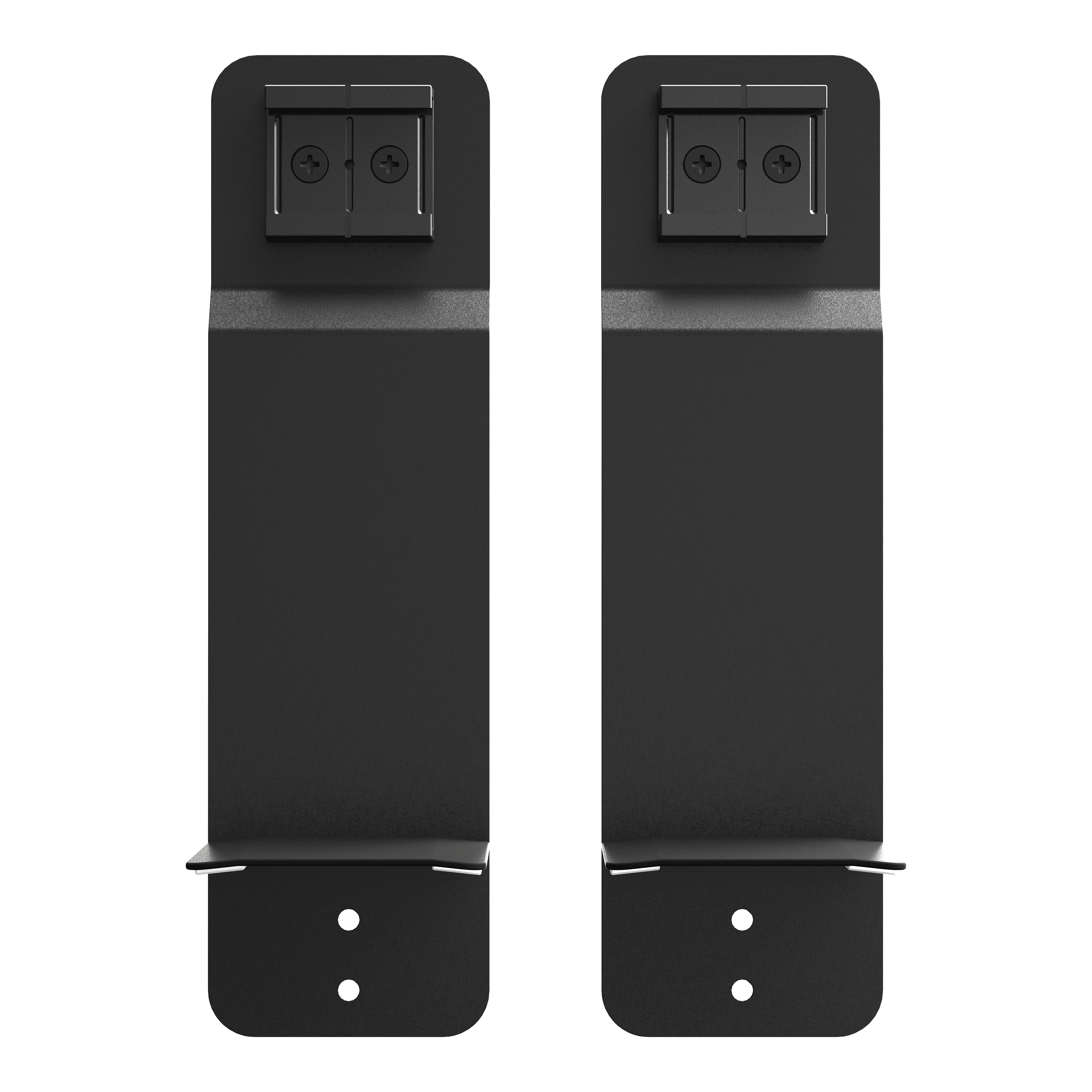 GranDarts Gran Eye Mag Mount attachment Das Bild zeigt zwei schwarze Halterungen des Produkts "GranDarts GranEye Mag Mount Befestigung". Sie sind rechteckig und haben jeweils zwei kleine Befestigungslöcher unten und einen Befestigungsmechanismus oben.