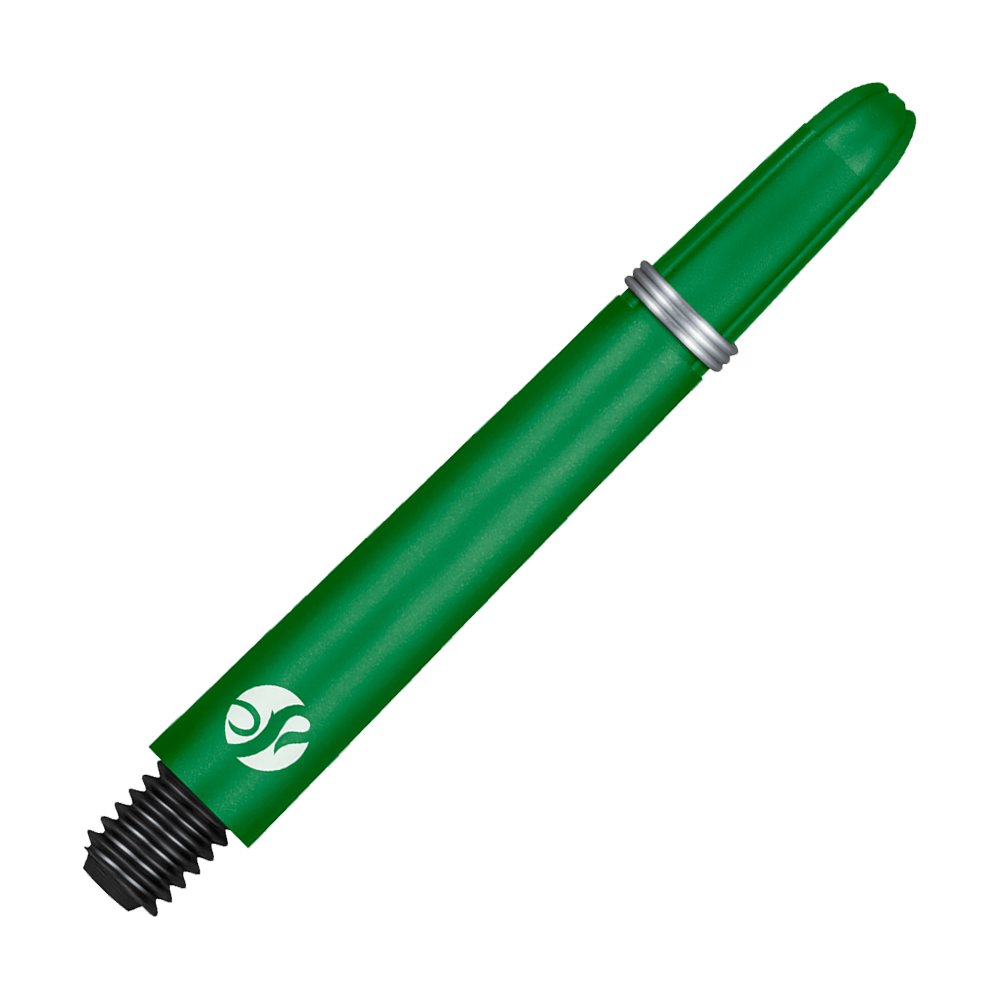 Shot Koi Carbon Shafts - Green Dies ist ein grüner Dart-Schaft mit einem Metallring und einem schwarzen Gewinde. Er hat ein weißes Logo am unteren Ende.