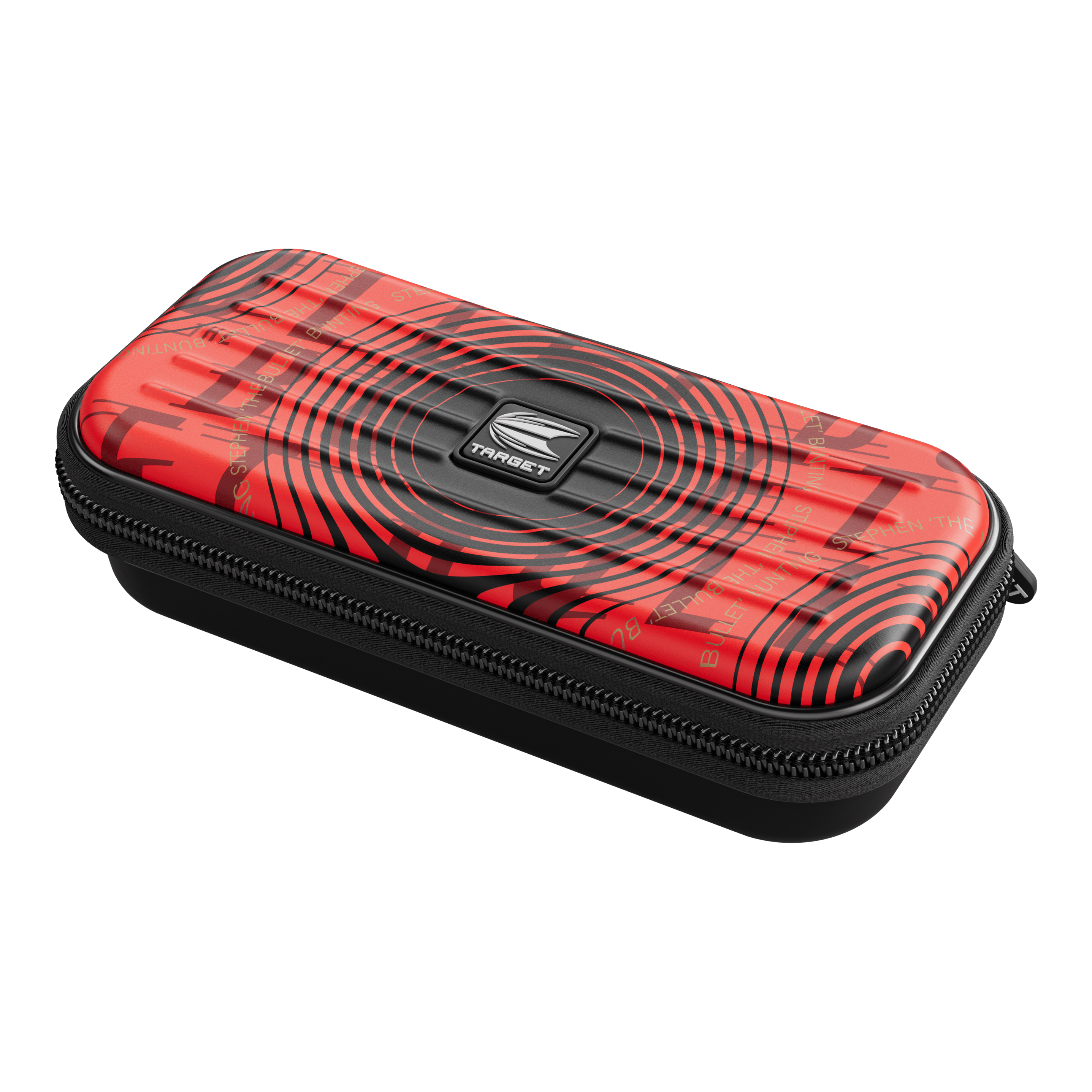 Target Takoma Stephen Bunting dart case Das Bild zeigt das Produkt "Target Takoma Stephen Bunting Dartcase". Das Etui ist rot mit schwarzen Kreisen und hat einen Reißverschluss.