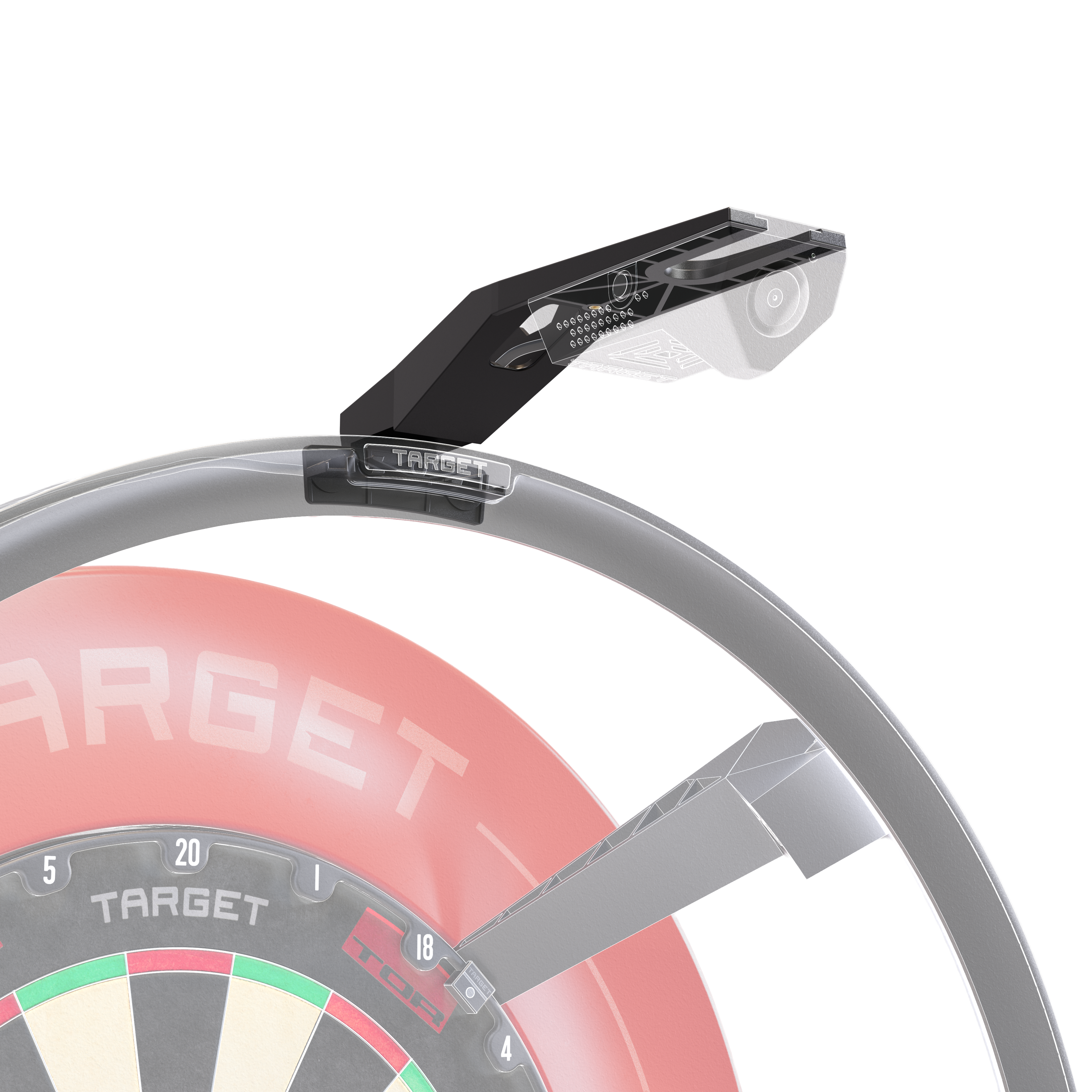 Gezeigt wird der Target OMNI VIRT Kamera Arm. Der Arm ist robust gebaut und speziell für Dartspieler entwickelt.